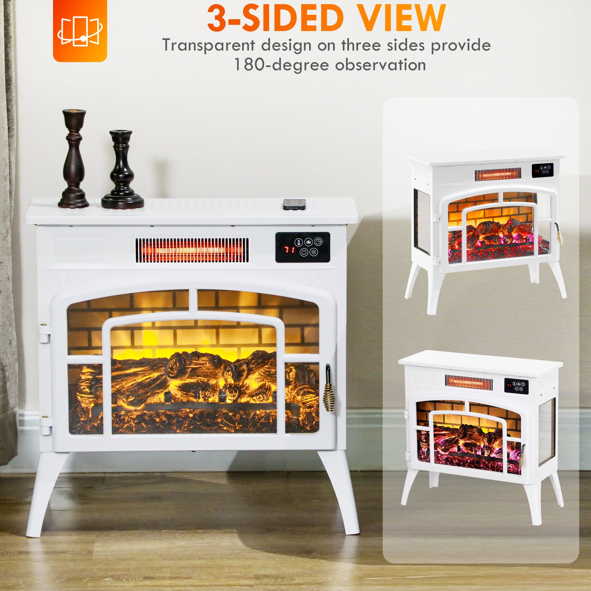 HOMCOM Electric Fireplace Stove, Infrared Fireplace Heater with Realistic Flame, Adjustable Temperature, 1500W, White