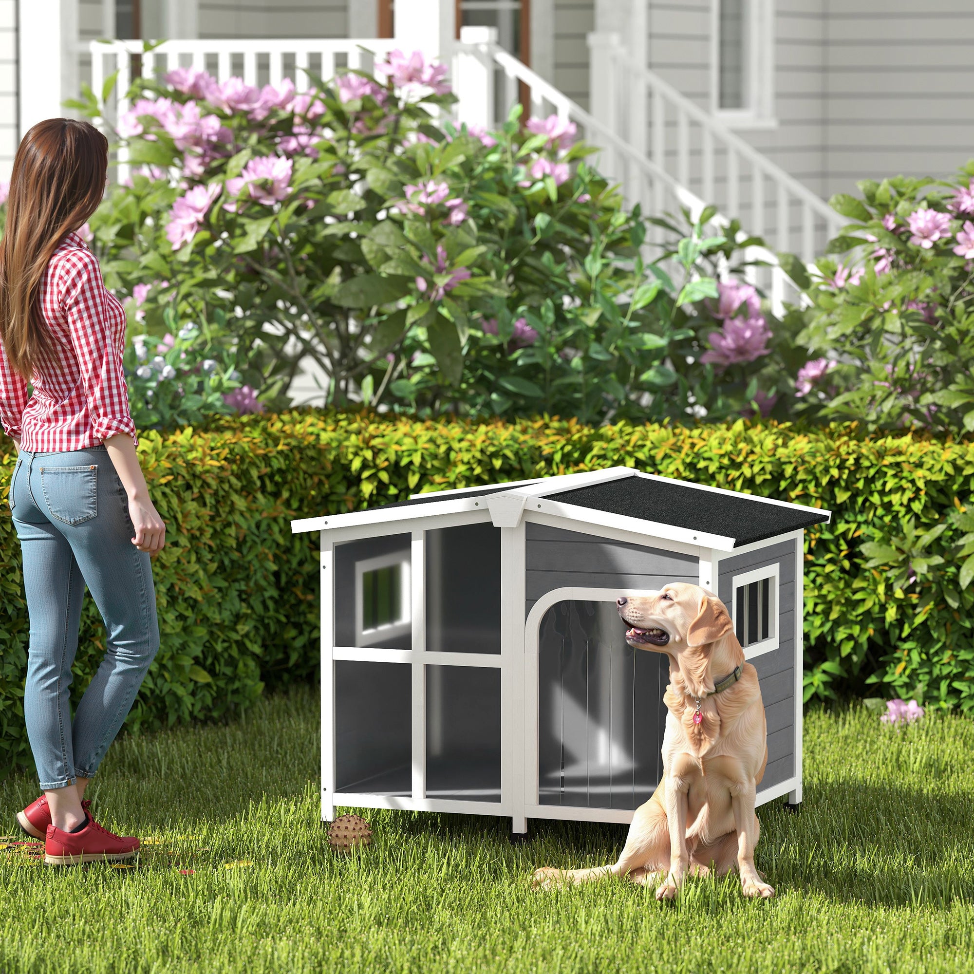 PawHut Wooden Dog House, Raised Pet Kennel with Removable Bottom, Openable Asphalt Roof, Door Curtain, Side Windows, Dark Grey
