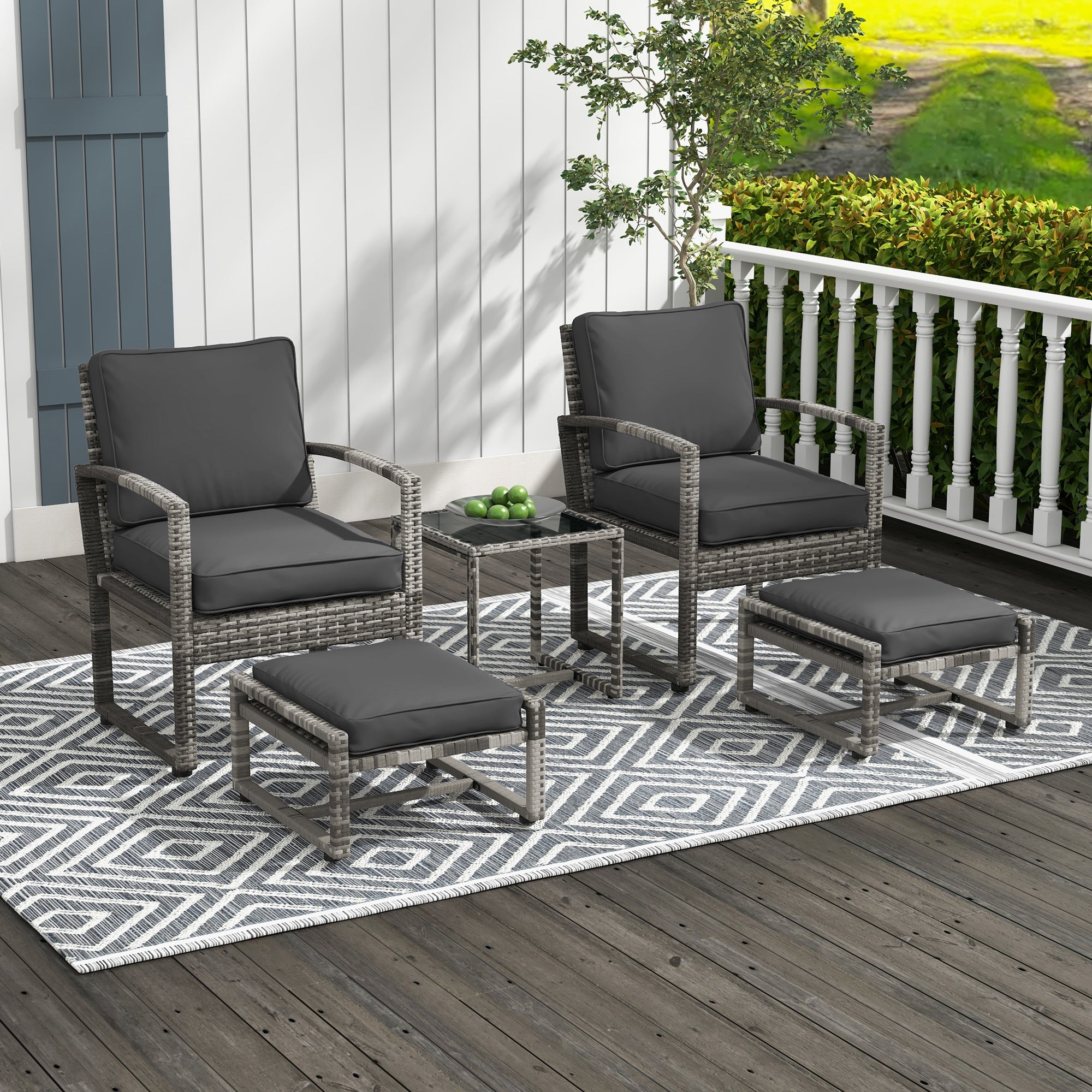 Outsunny 5 Pieces Patio Furniture Set with Armchair, Stool, Table, Cushions, Outdoor Wicker Conversation Sofa Set for Garden