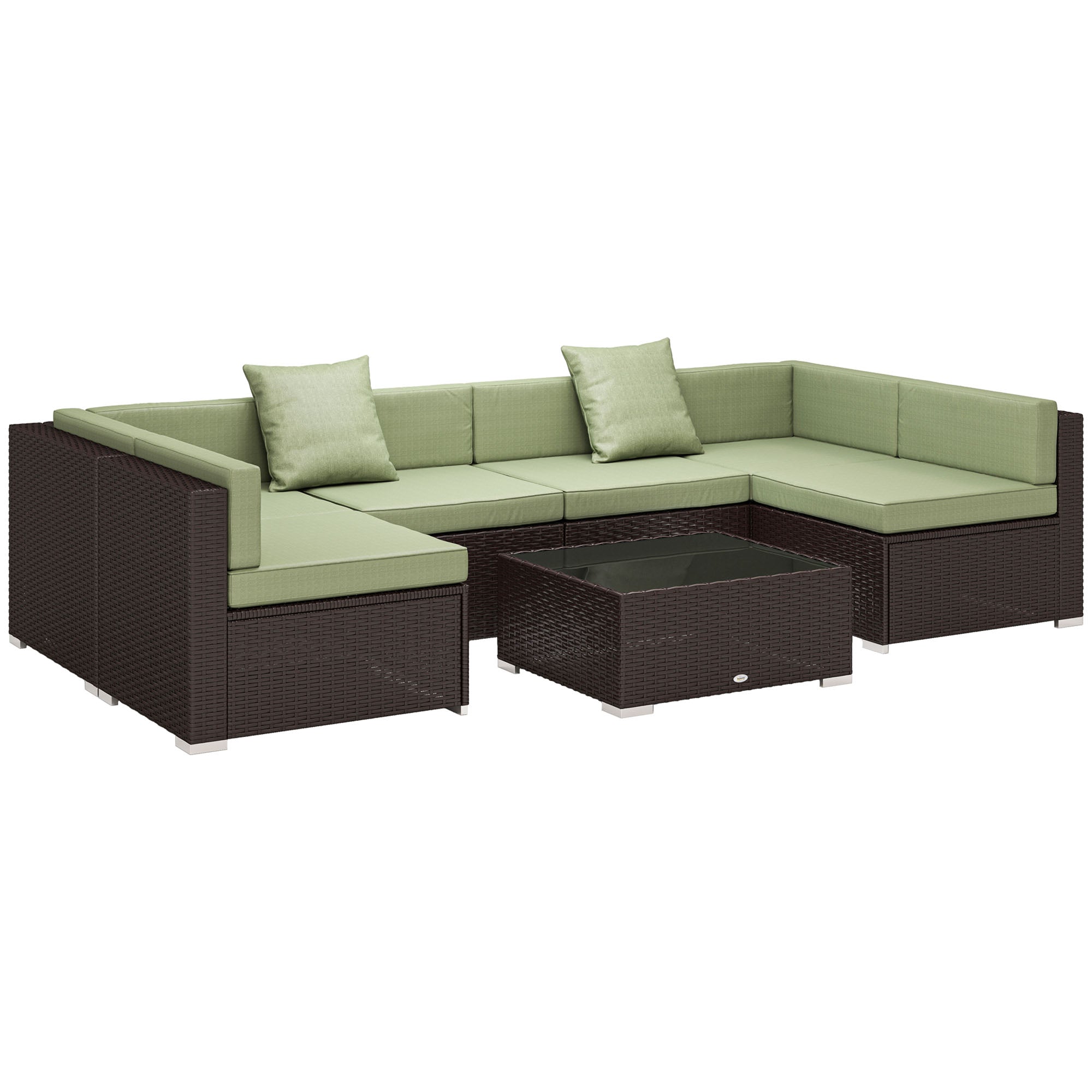 Outsunny 7 Pieces Outdoor Rattan Furniture Set, Patio Wicker Sectional Conversation Sofa Set, Light Green
