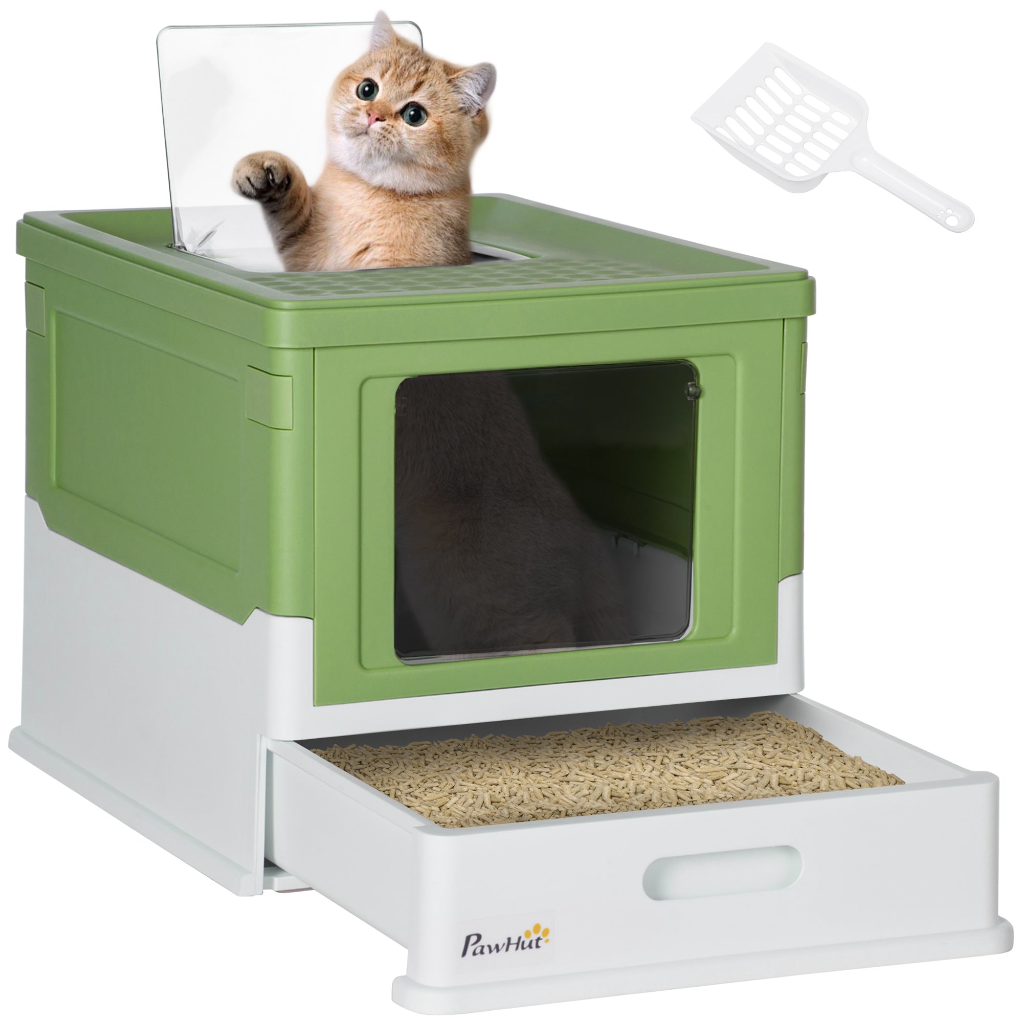 PawHut Top Entry Enclosed Kitty Litter Box with Scoop, Tray, Front Entry, Large Space, Foldable, Portable, Dark Green