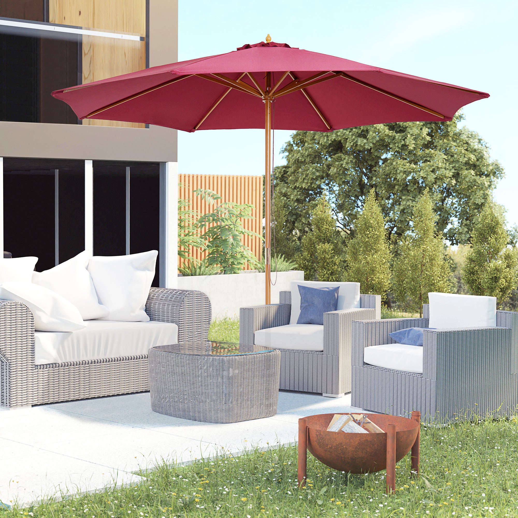Outsunny 10' x 8' Bamboo Wooden Round Market Patio Sun Umbrella Garden Parasol Outdoor Sunshade Canopy, Wine Red