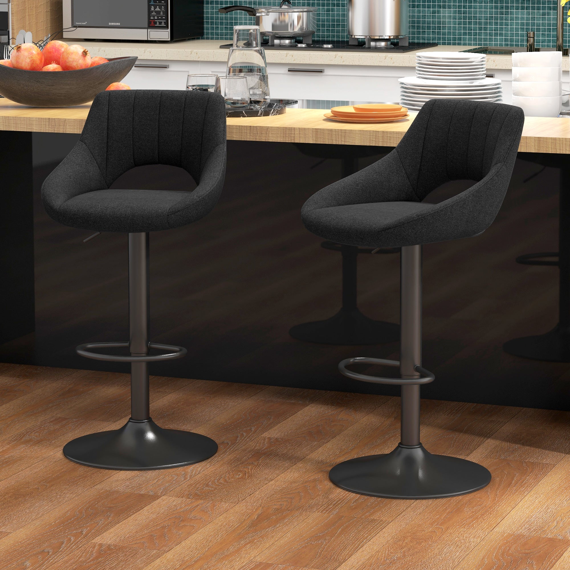 HOMCOM Swivel Bar Stools Set of 2, Linen Upholstered Counter Height Barstools with Round Metal Base
