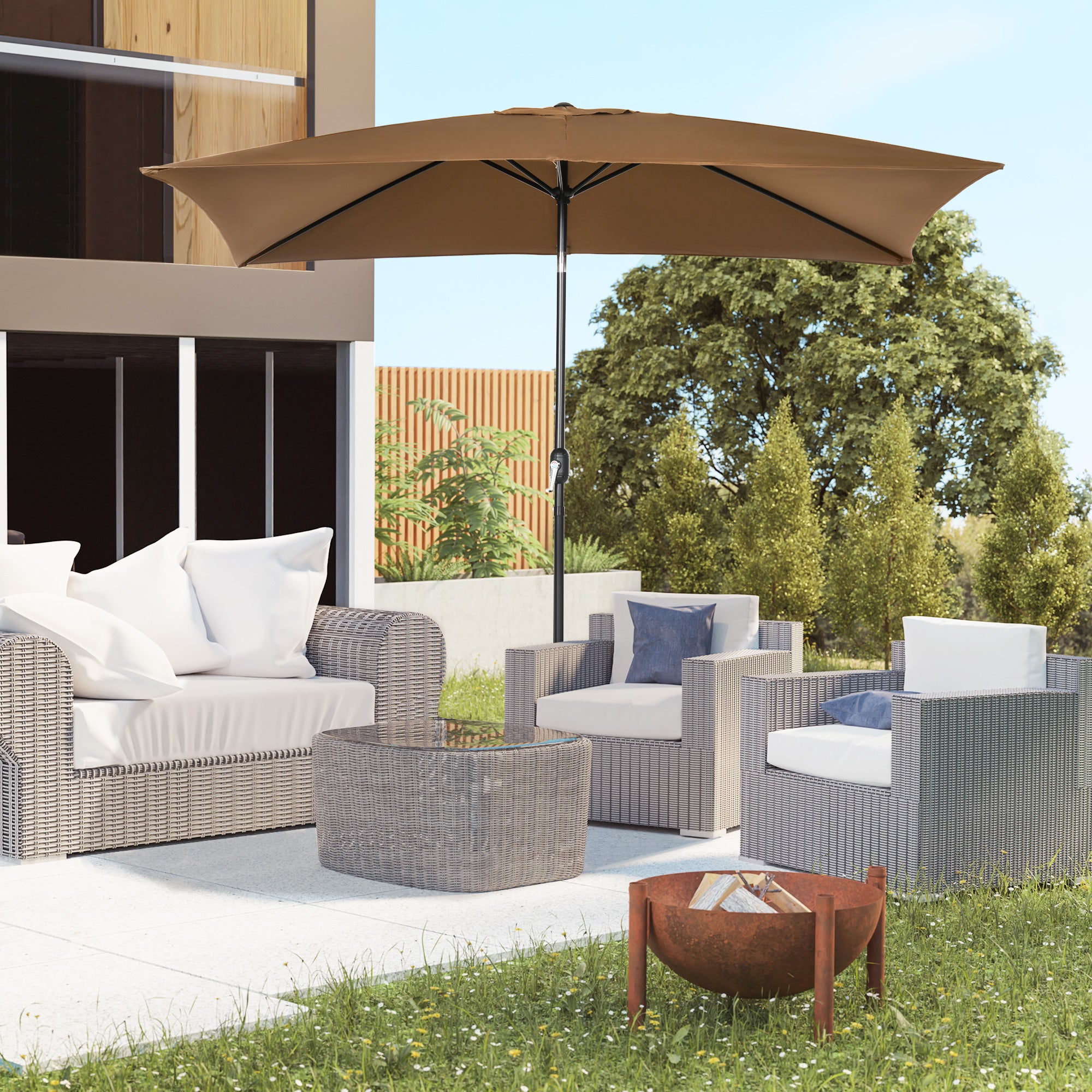 Outsunny 6.5x10ft Rectangle Aluminum Tilt Patio Umbrella, Garden Market Parasol, Outdoor Sunshade Canopy with Crank, Coffee