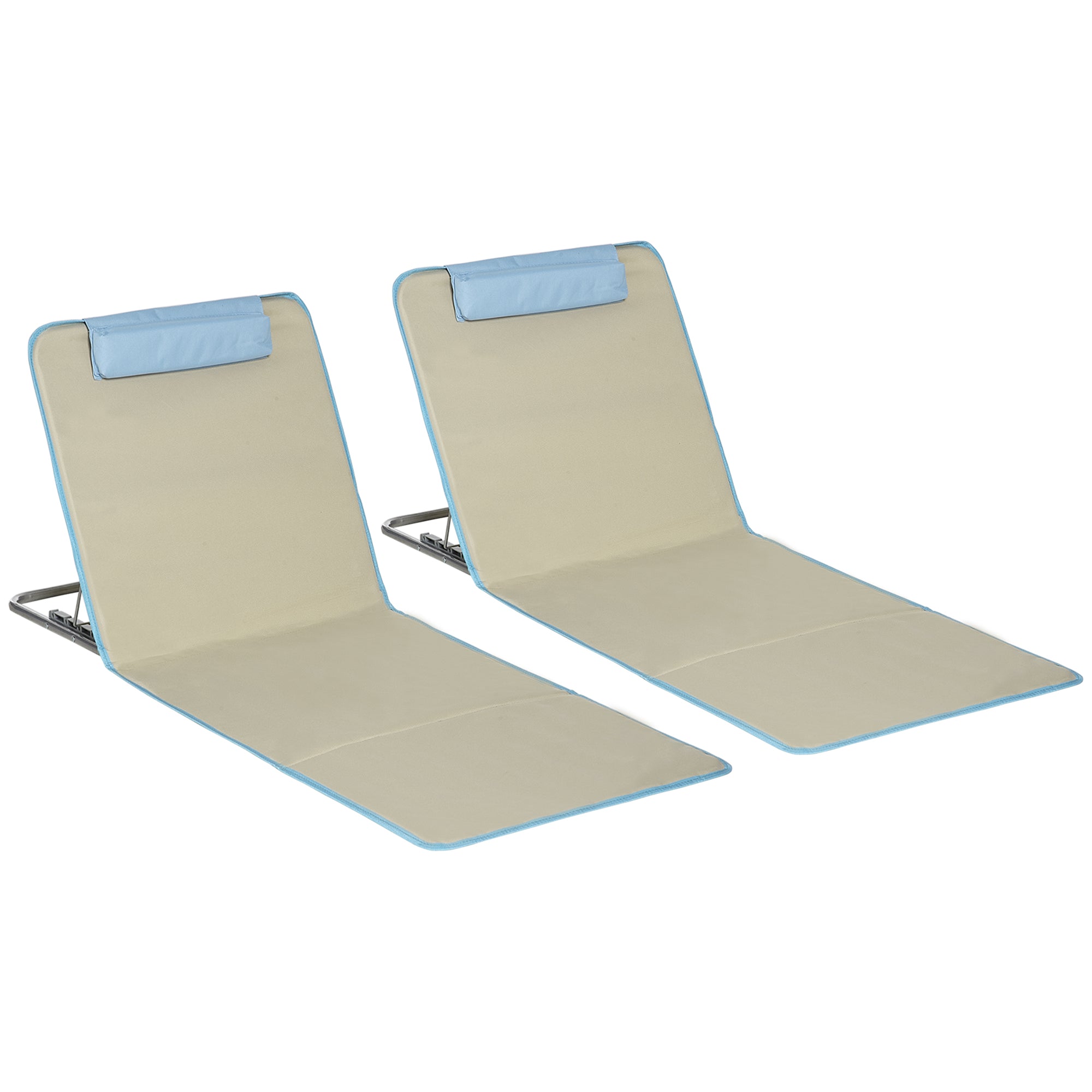 Outsunny Set of 2 Beach Lounge Chair, Folding Ground Beach Mat w/ Adjustable Back, Steel Frame, Head Pillow and Carry Bag, Beige