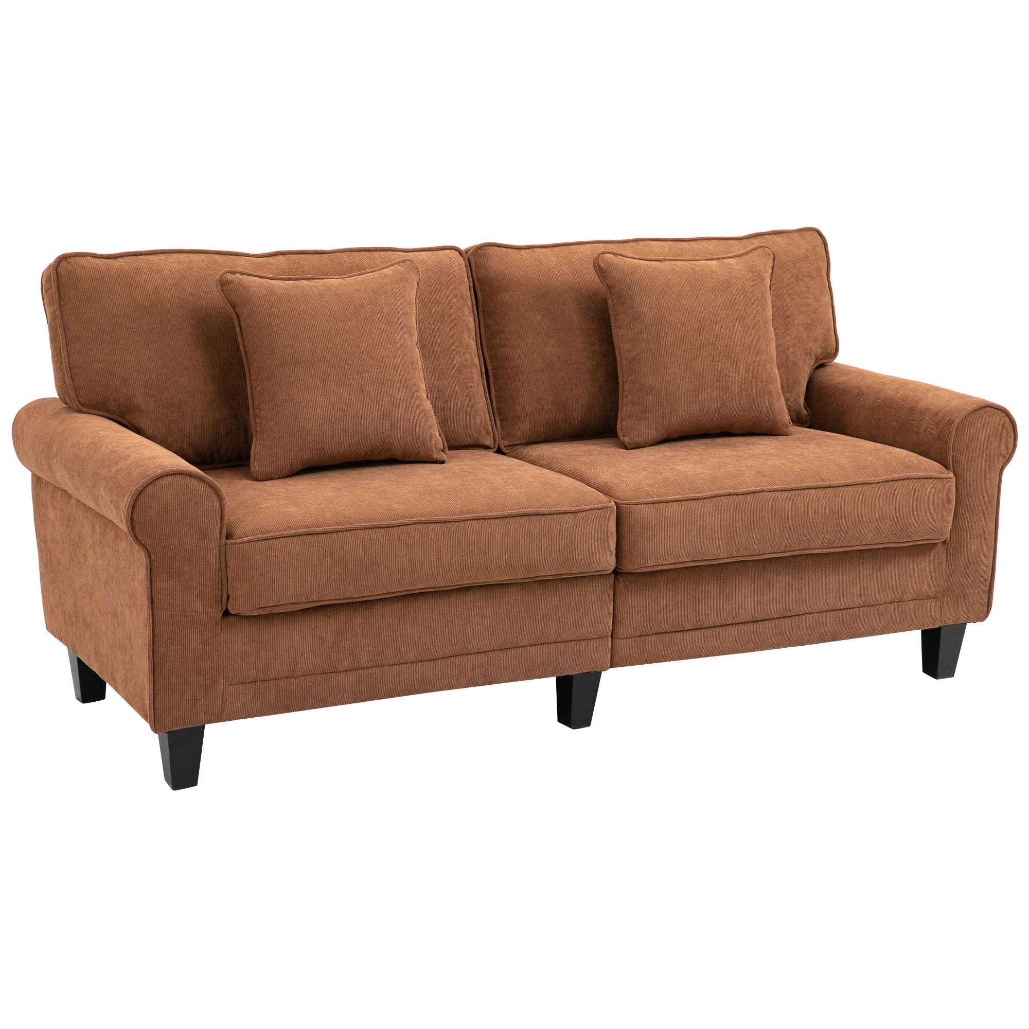 HOMCOM Modern 3 Seater Sofa, Corduroy Fabric 3 Seater Couch with Pine Wood Legs and Rolled Armrests for Living Room, Brown