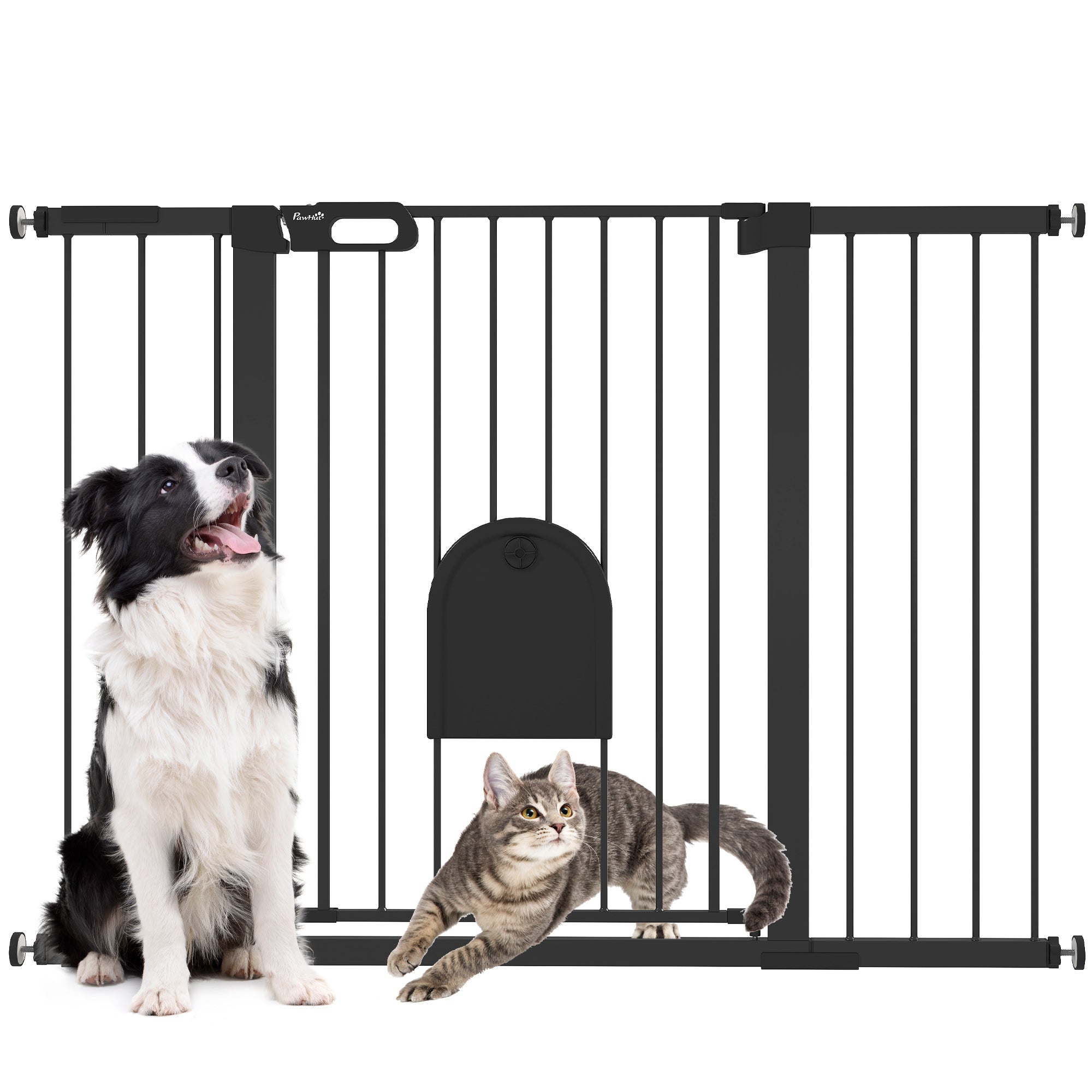 PawHut 30"-52" Extra Wide Pet Gate Barrier with Small Door, 35"H Dog Gate with Safety Gate Barrier, Stair Pressure Fit, Black