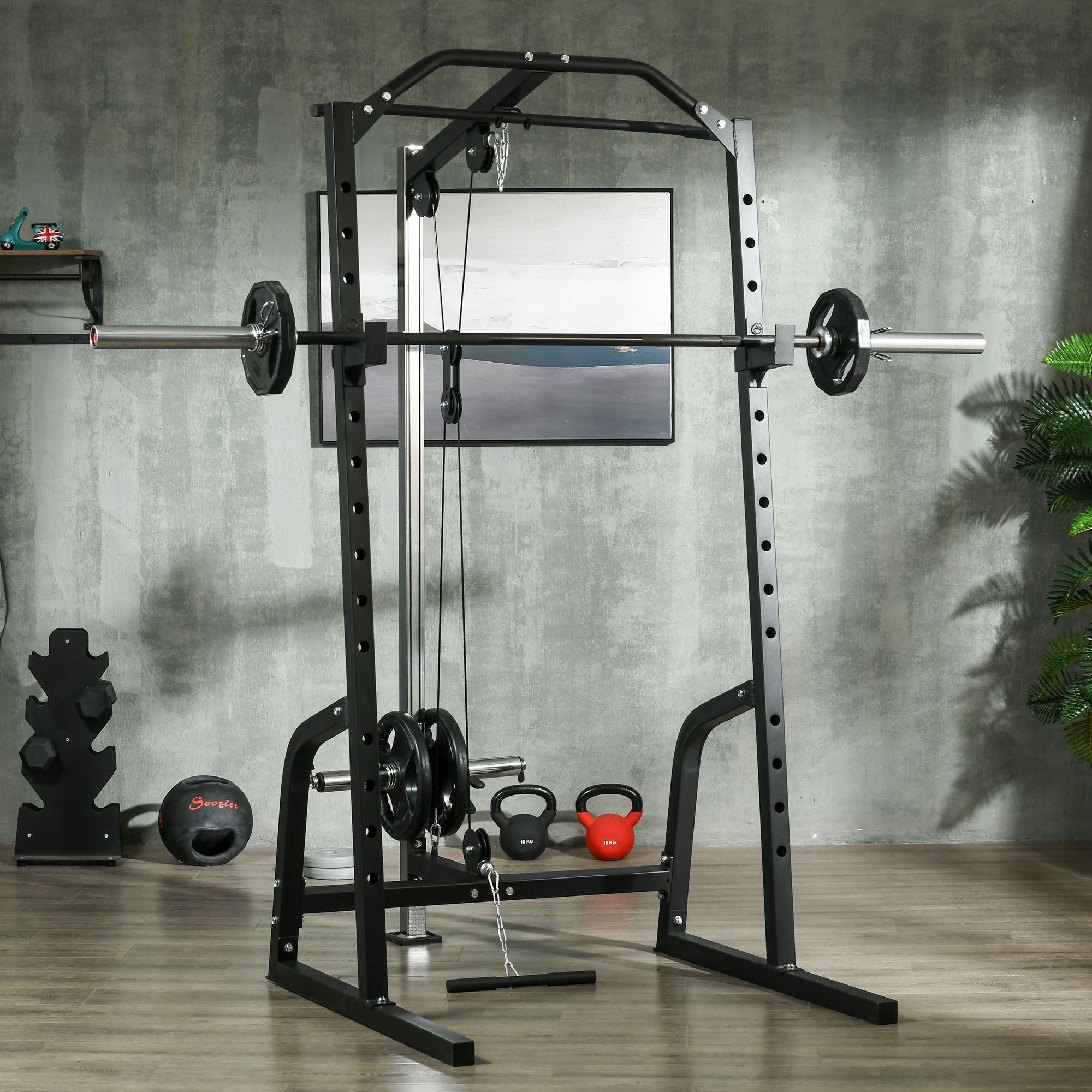 Soozier Power Cage Power Rack with 15-Level Squat Rack, Cable Pulley System, Pull up Stand and Push up Stand