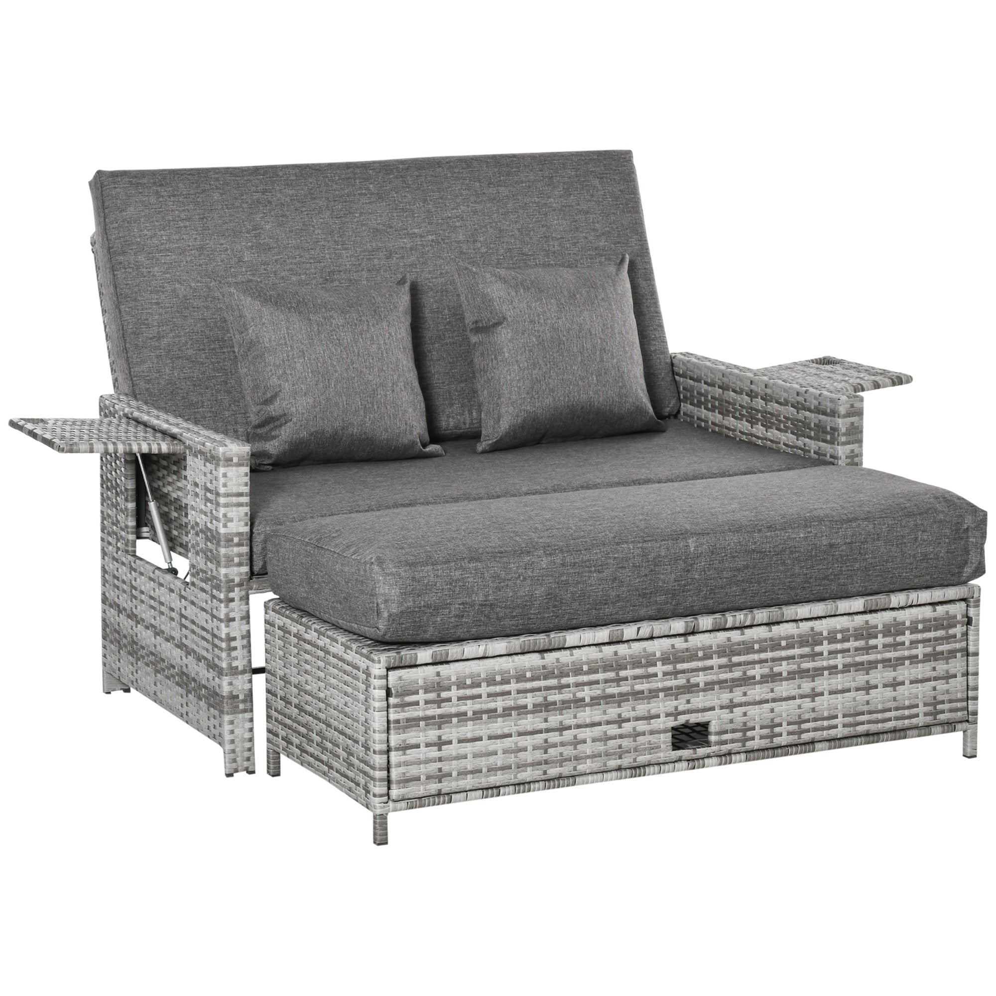 Outsunny 2 Piece Rattan Outdoor Daybed, 2 Seater Sofa Set with Footstool, Storage, Cushions and Pillows for Garden, Patio, Grey
