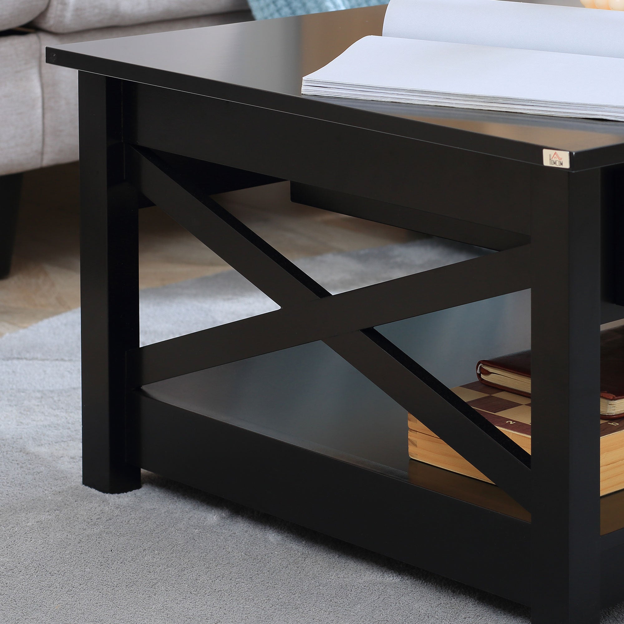 HOMCOM Coffee Table with Storage, Farmhouse Living Room Table with Drawers and Open Shelf, Centre Table with X-frames, Black