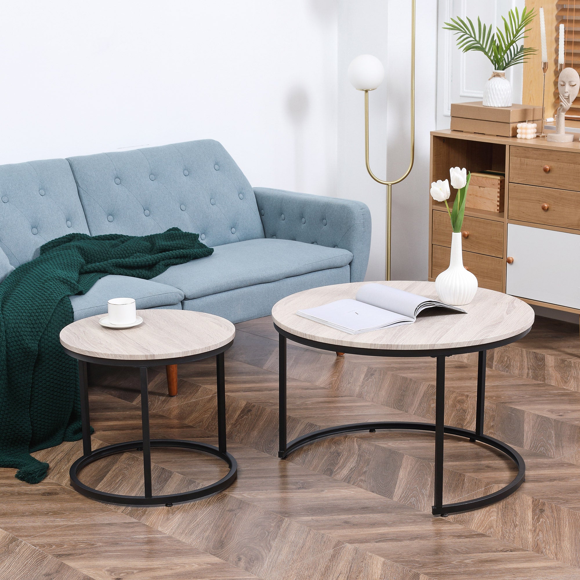 HOMCOM Nesting Coffee Tables Set of 2, Round Coffee Table with Metal Frame, Living Room Tables, Grey Wood Grain