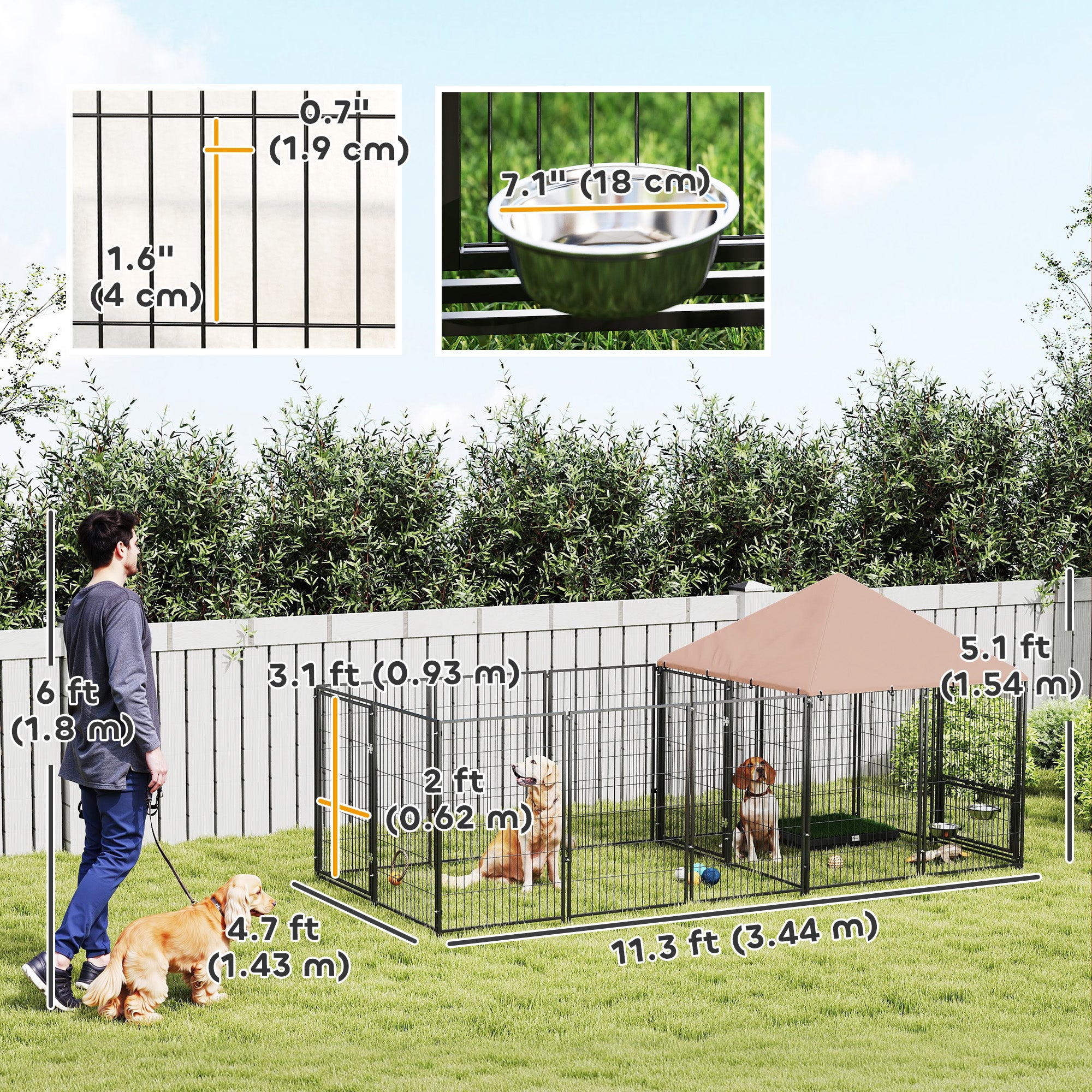 PawHut Outdoor Dog Kennel with Rotating and Adjustable Height Bowls, Waterproof UV-Resistant Cover, 11.3' x 4.7' x 5.1'
