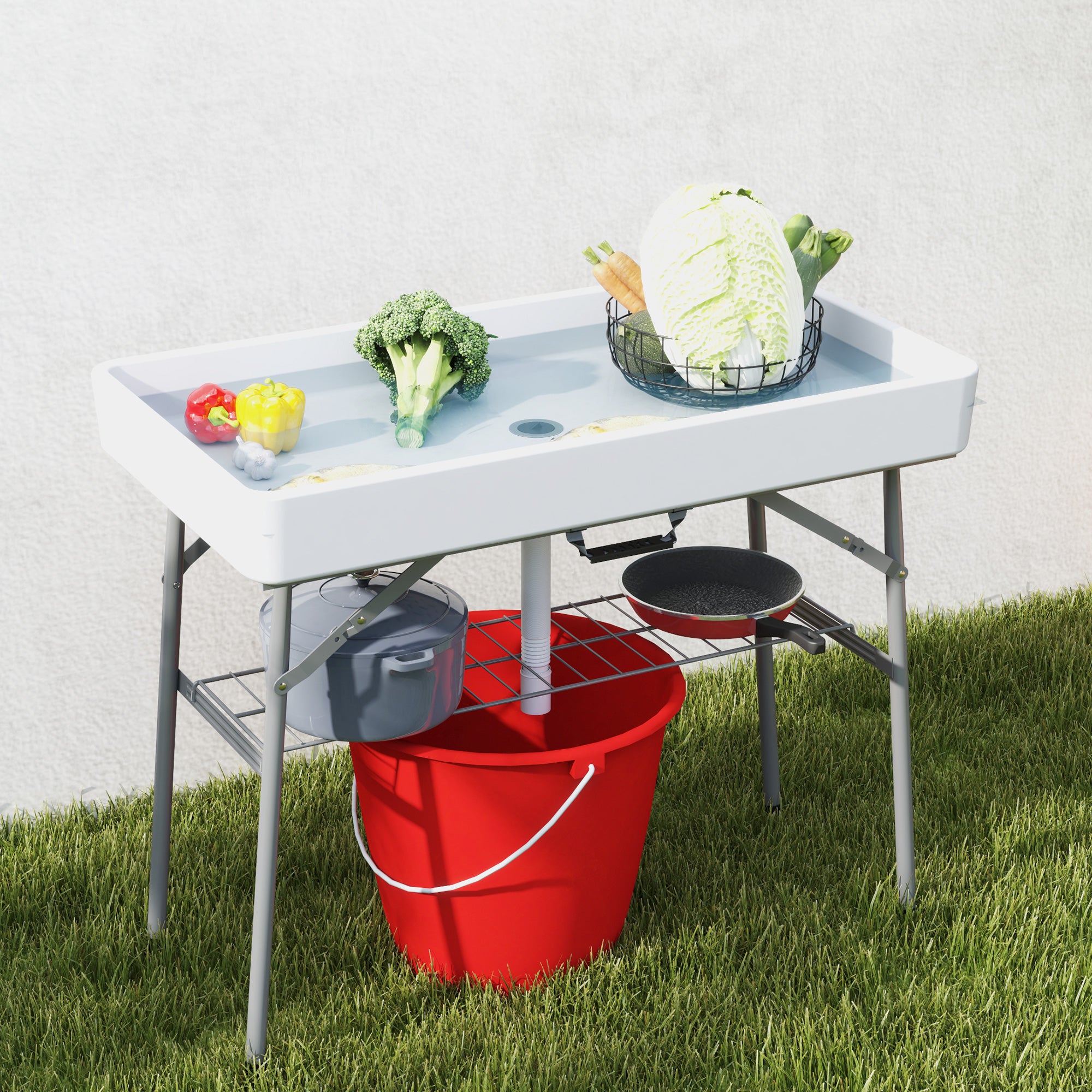 Outsunny 3.4ft Folding Ice Cooler Table with Drain, Outdoor Patio Party Cooler for Drinks, Fishing Cleaning Table with Storage Shelf for Picnic BBQ Camping Wedding, White