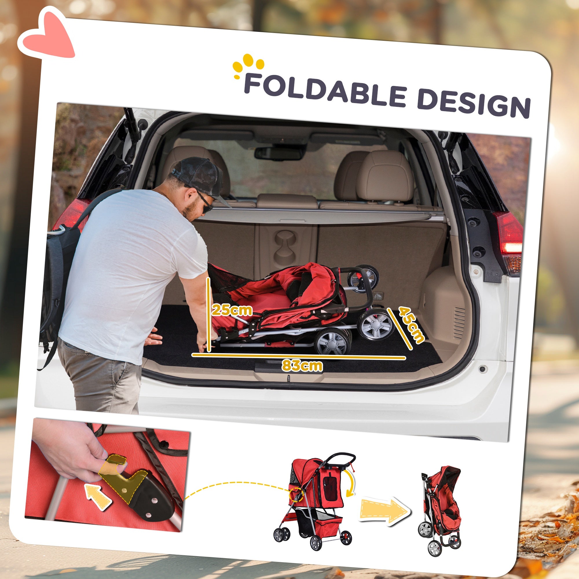 PawHut 4 Wheel Dog Pet Stroller Dog Cat Carrier Folding Sunshade Canopy with Brake, Red