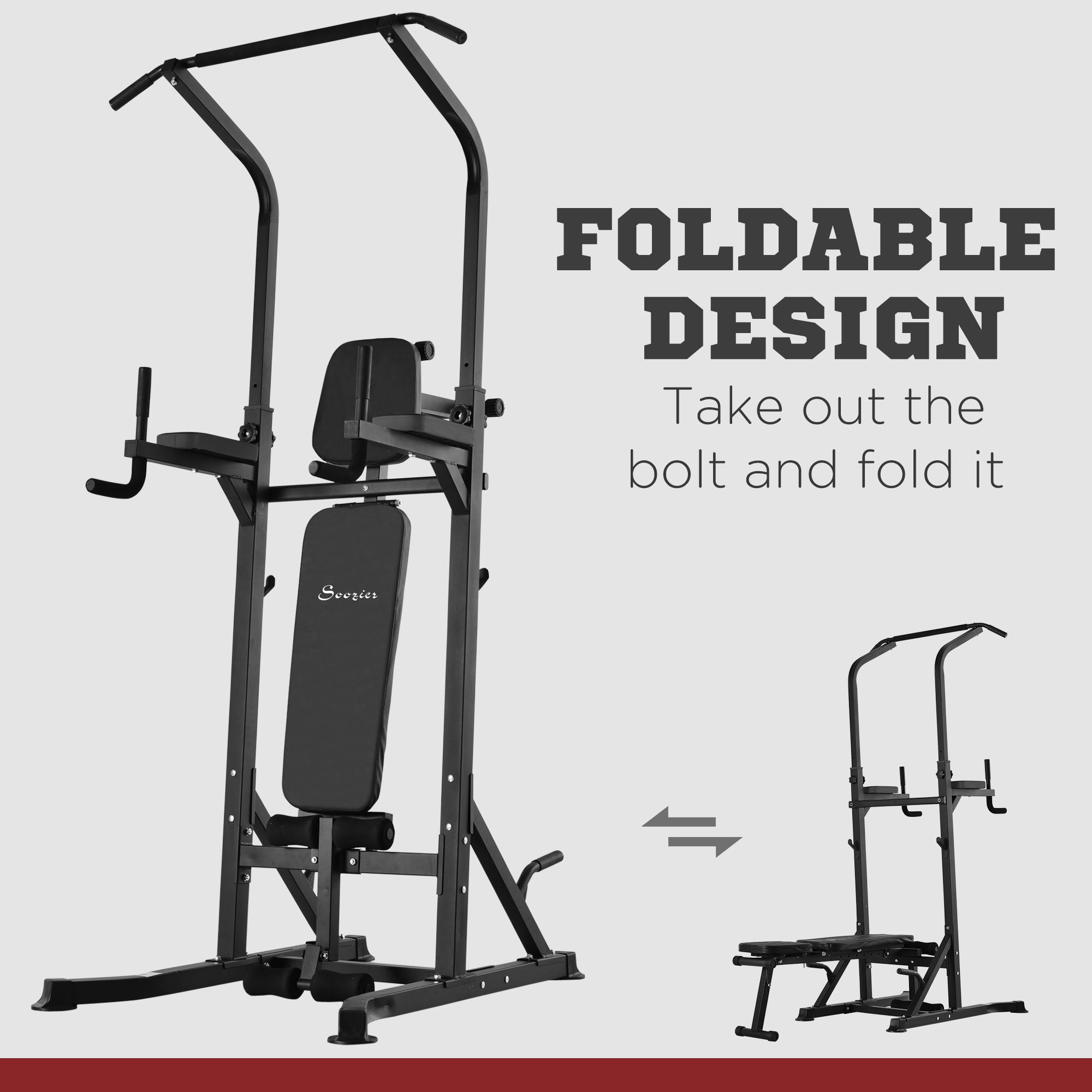 Soozier Foldable Power Tower Pull Up Dip Station with Adjustable Weight Bench for Home Gym Strength Training Fitness