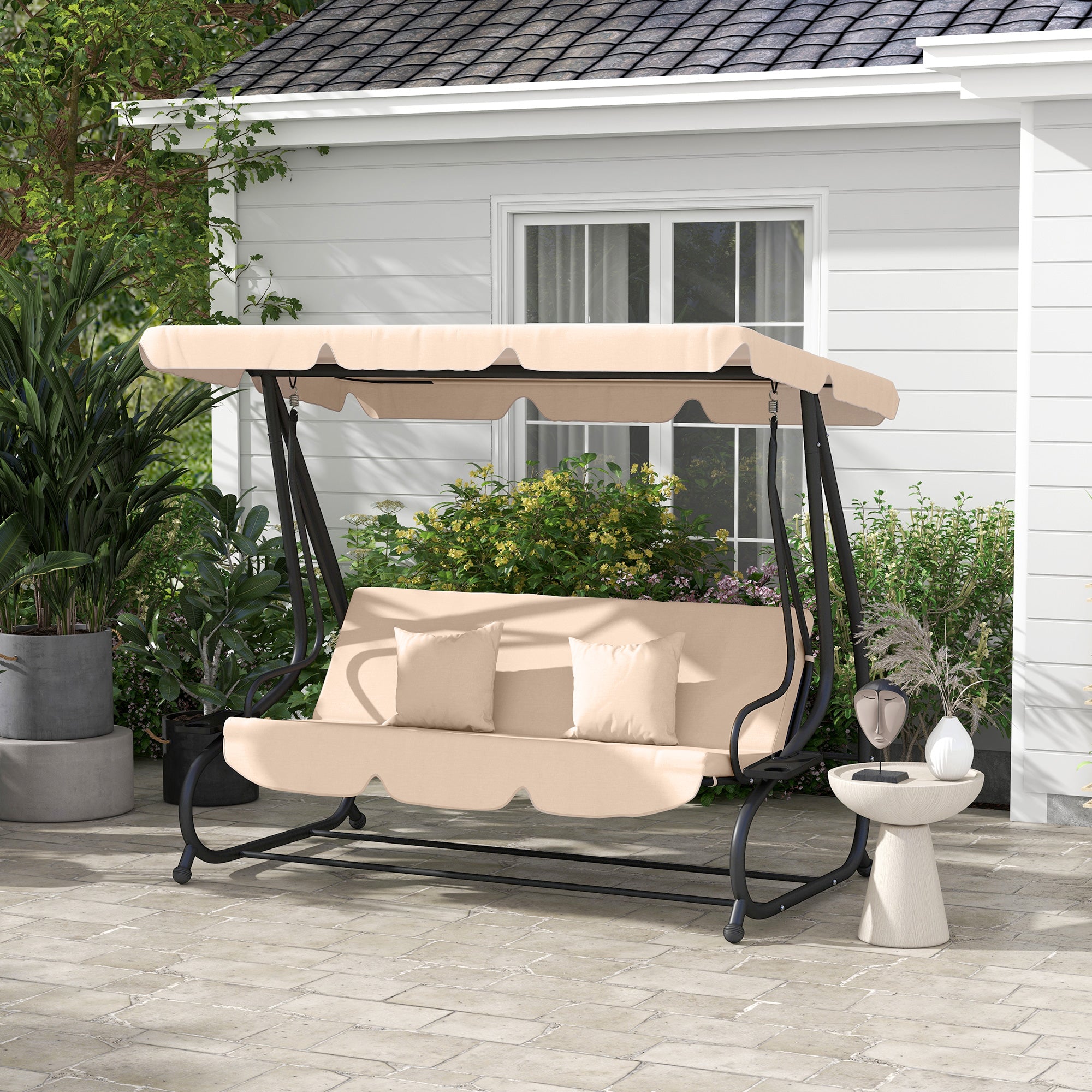 Outsunny 3-Seat Outdoor Patio Swing Chair, Converting Flat Bed, Canopy Swing with Adjustable Shade, Removable Cushions, Cup Holder, Light Brown