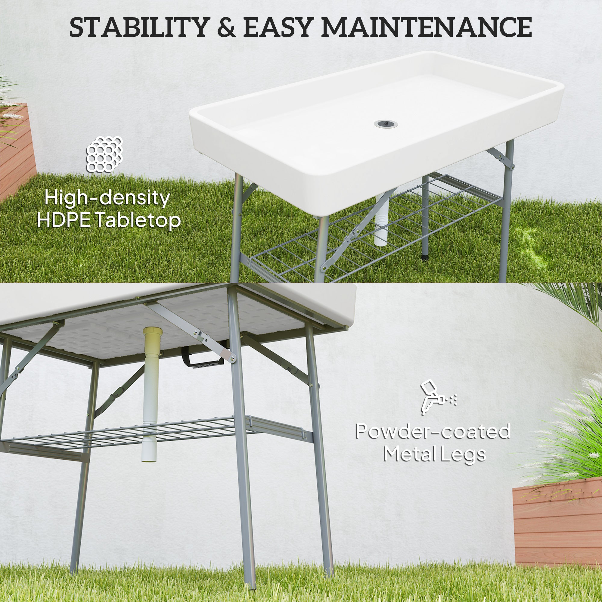 Outsunny 3.4ft Folding Ice Cooler Table with Drain, Outdoor Patio Party Cooler for Drinks, Fishing Cleaning Table with Storage Shelf for Picnic BBQ Camping Wedding, White