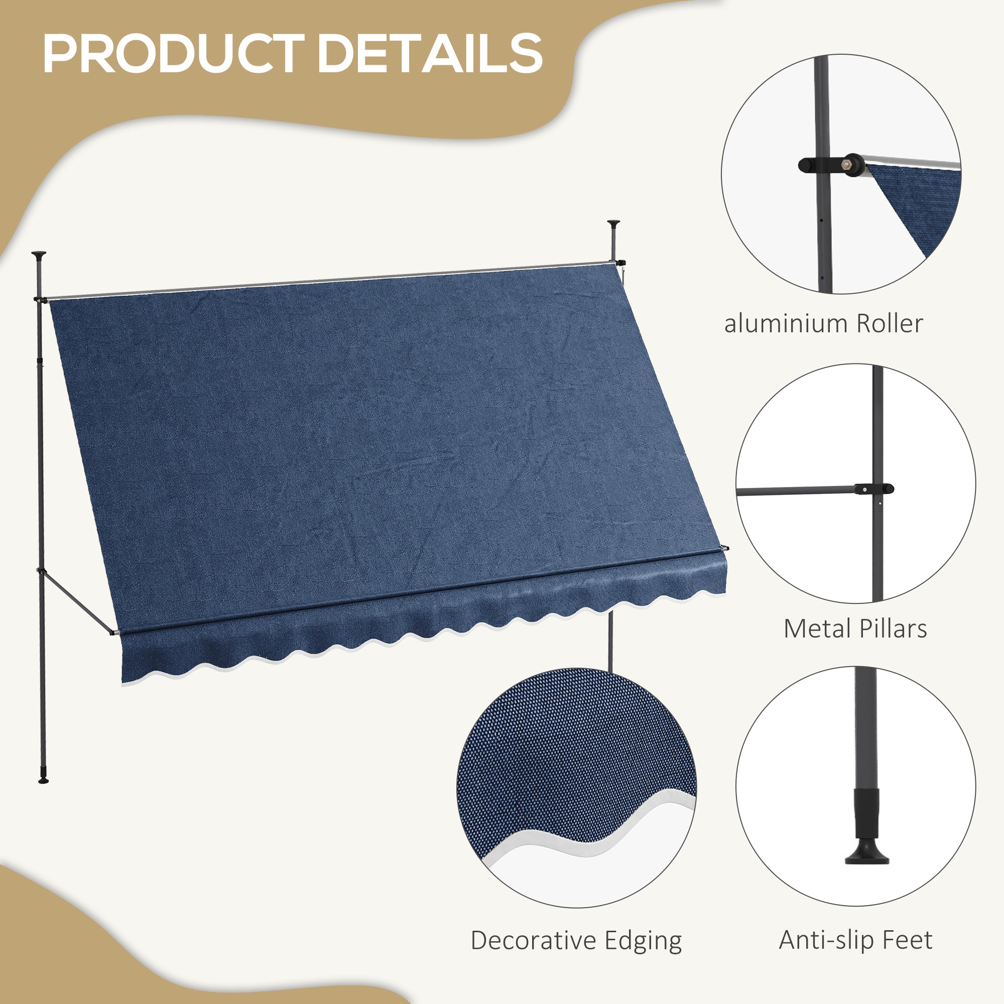 Outsunny 11.5' x 4' Manual Retractable Awning, Non-Screw Freestanding Patio Awning, UV Resistant, for Window or Door, Blue