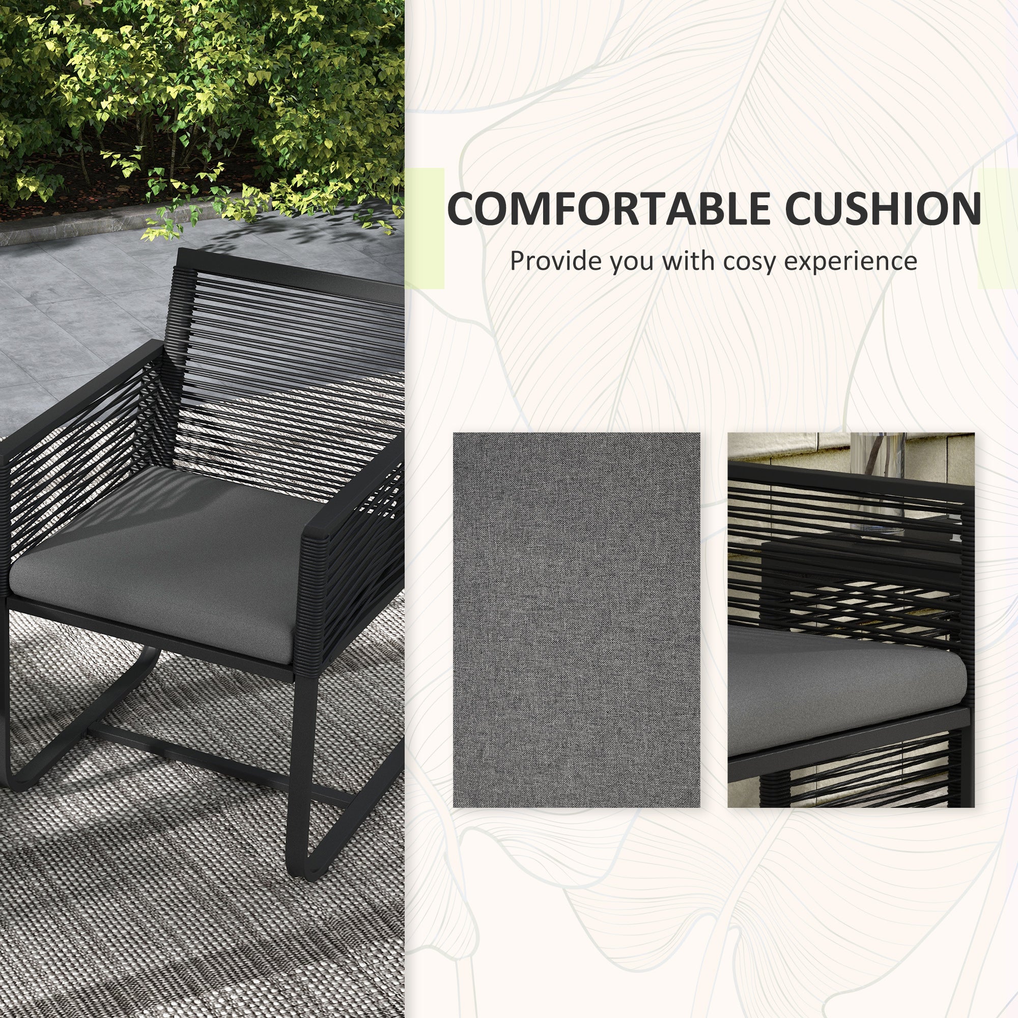 Outsunny 3 Pieces Patio Furniture Outdoor PE Rattan Bistro Set w/ Seat Cushions Tempered Glass Table for Garden Backyard, Black