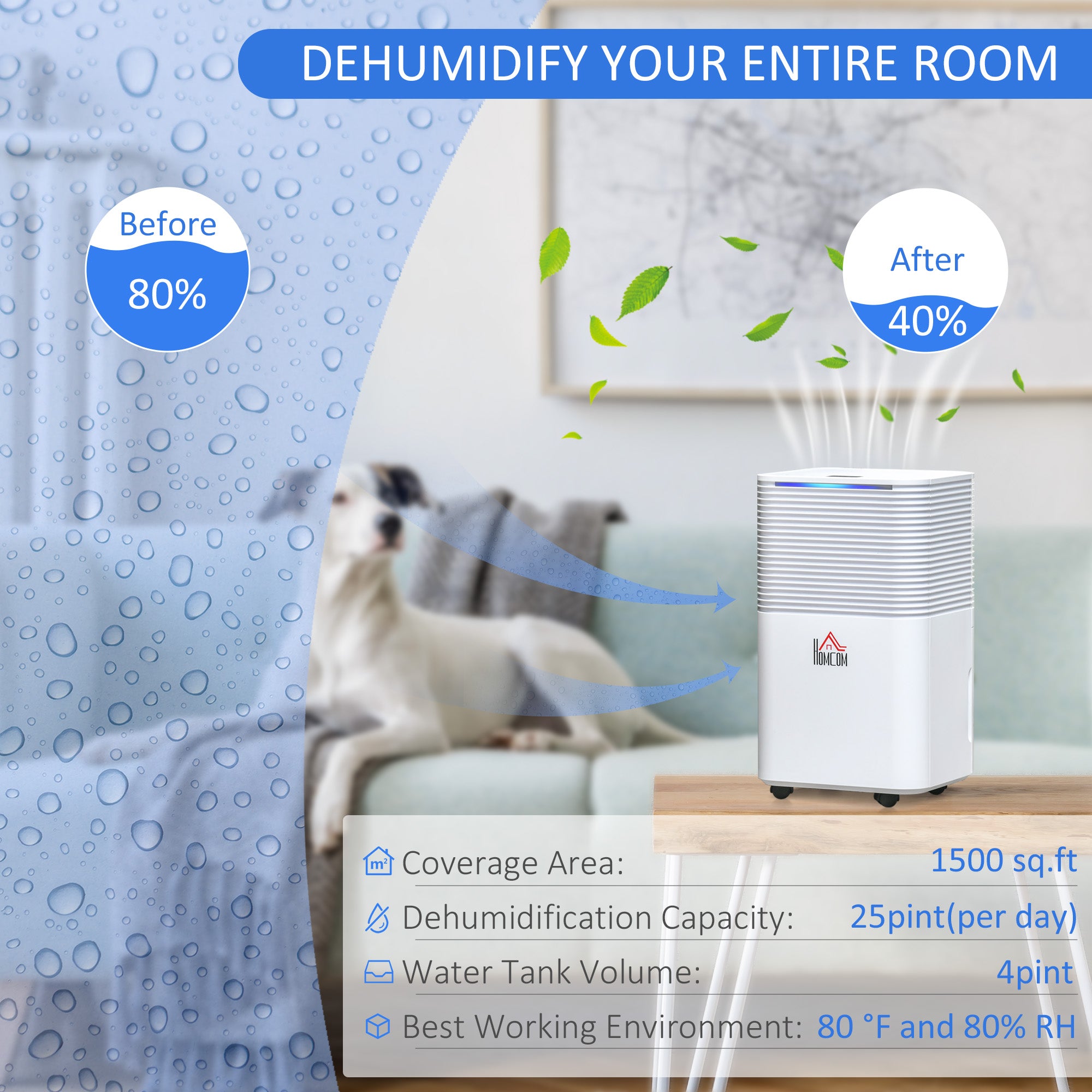HOMCOM 1500 sq.Ft Portable Quiet Dehumidifier for Home Laundry Room Bedroom Basement, 25pt Electric Moisture Air De-Humidifier with 3 Modes
