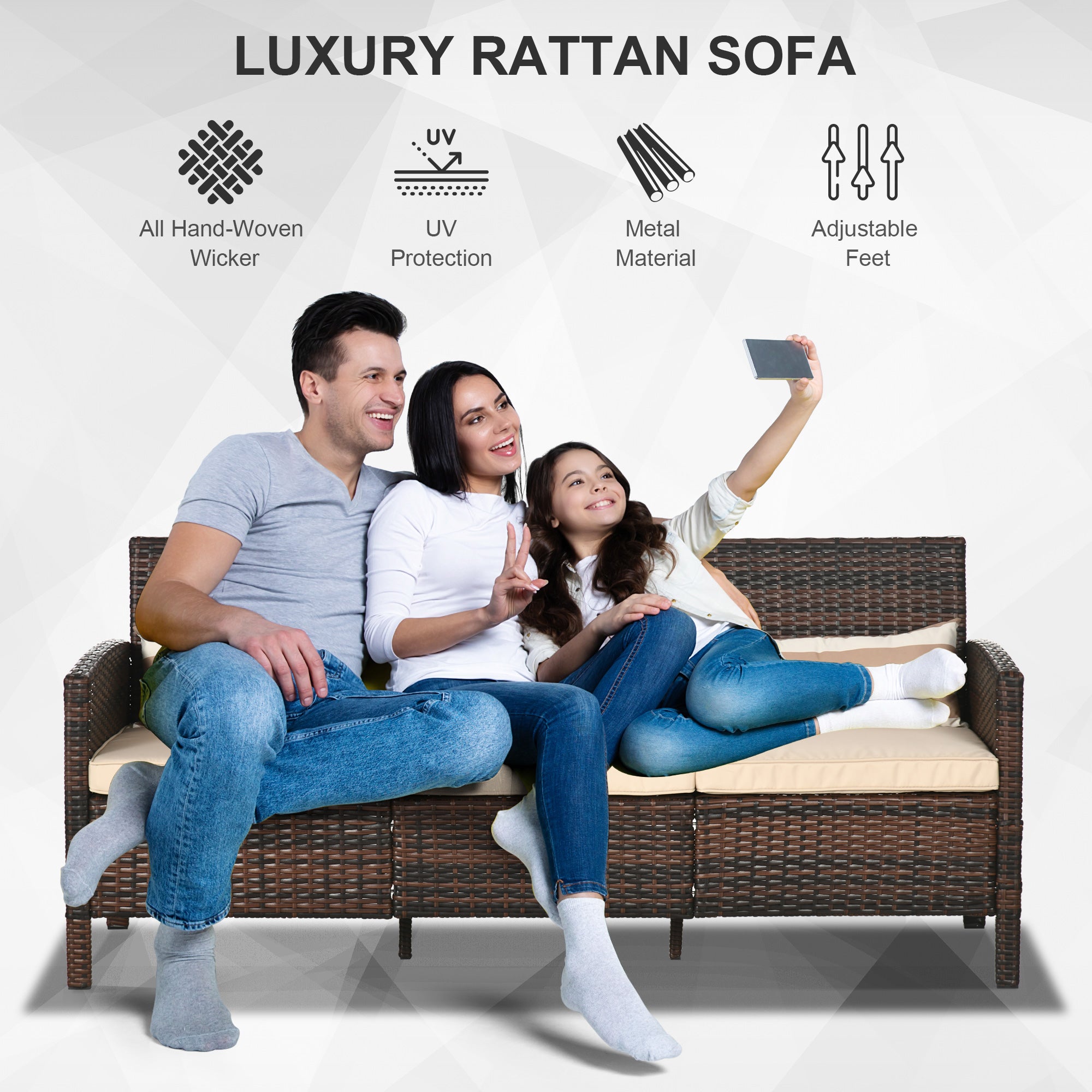 Outsunny 3-Seater Wicker Sofa, PE Rattan Outdoor Couch Conversation Furniture with Removable Cushions for Patio, Garden, Brown