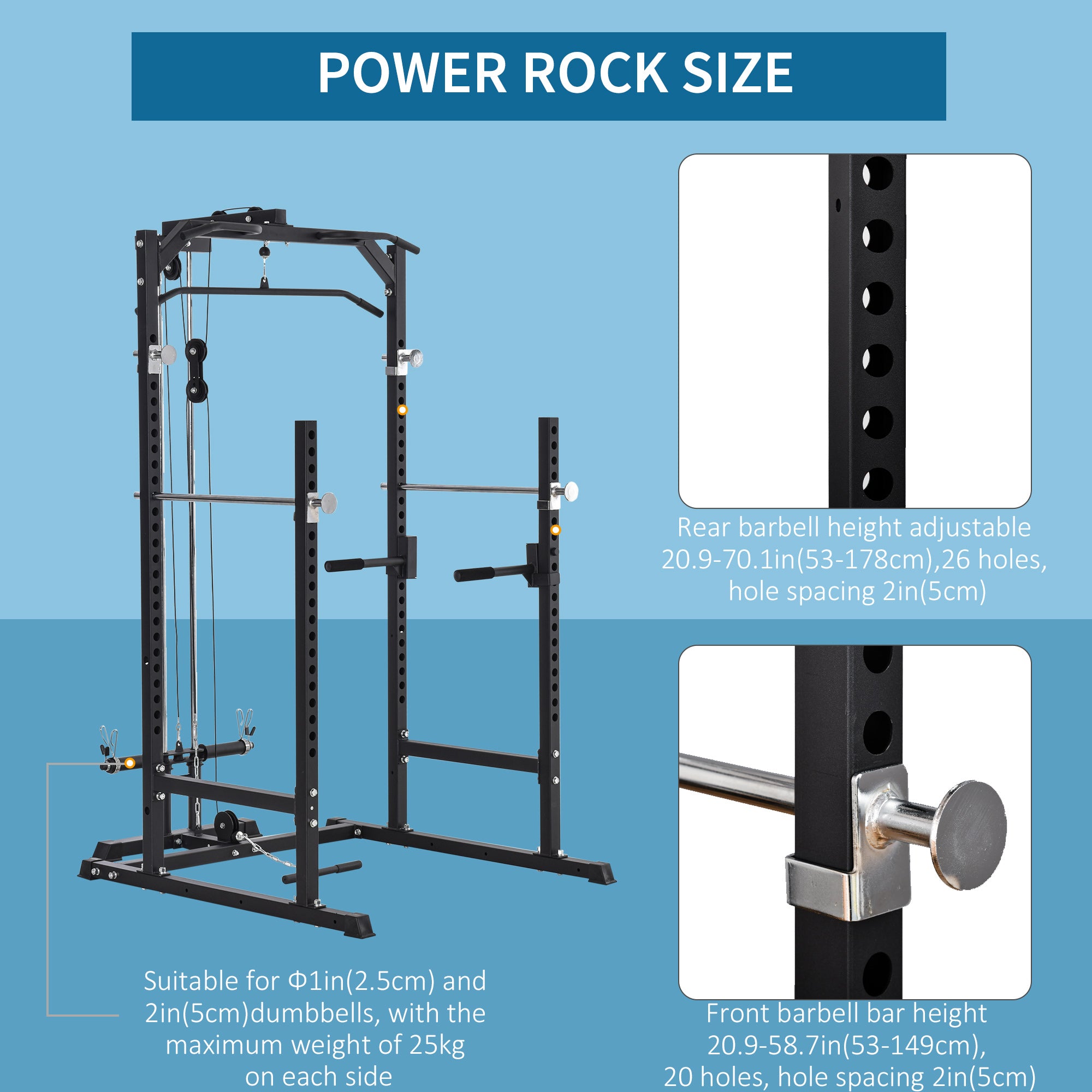 Soozier Power Cage, Power Rack with LAT Pulldown Attachment, Pull-up Bar, T Bar Row Landmine and Dip Handle, Strength Training Workout Station, for Home Gym, 800lbs Capacity