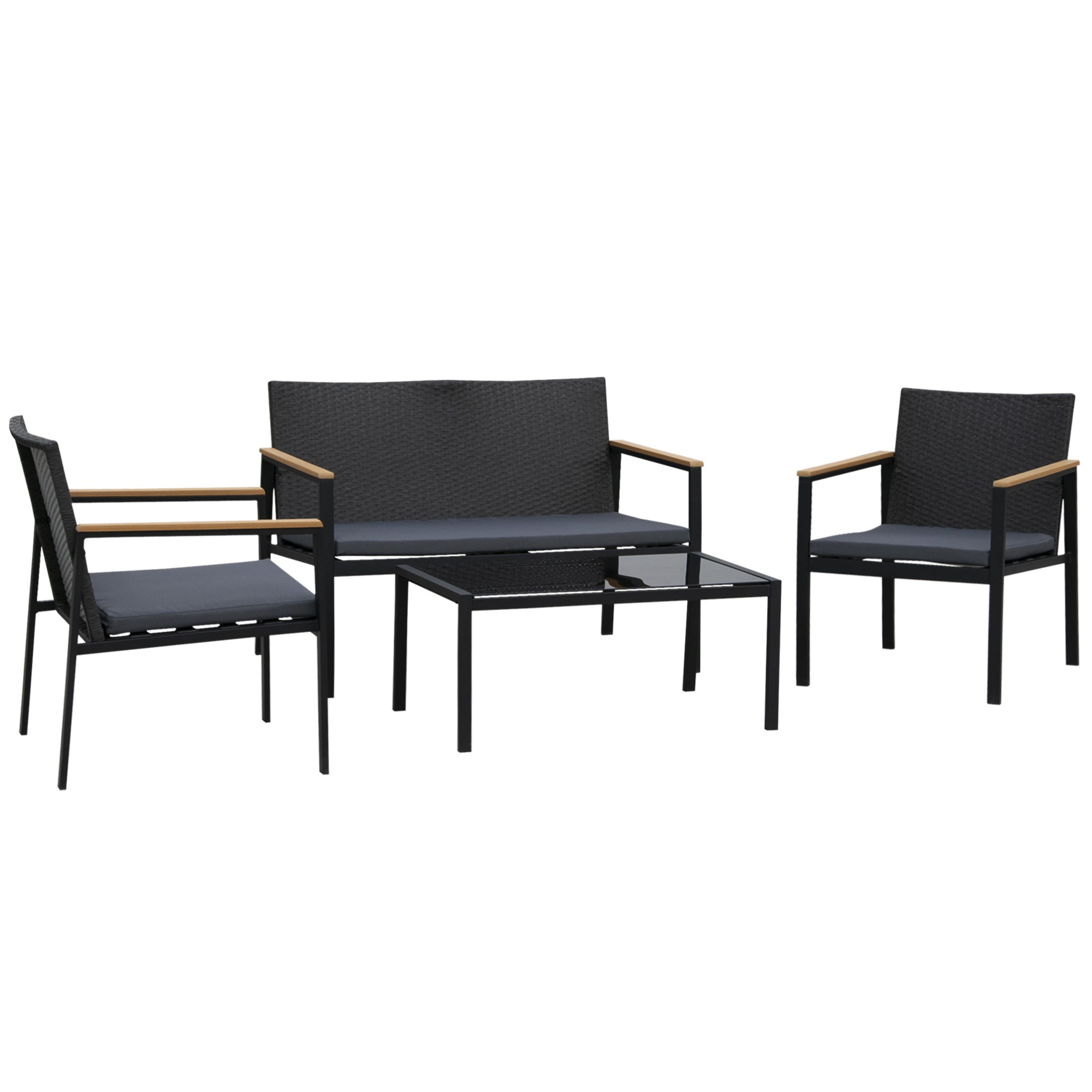 Outsunny 4 Pieces Wicker Patio Furniture Set with Cushions, Outdoor Rattan PE Rattan Conversation Set, Chairs and Loveseat with PS Board Armrests Decoration, Glass Top Table, Black