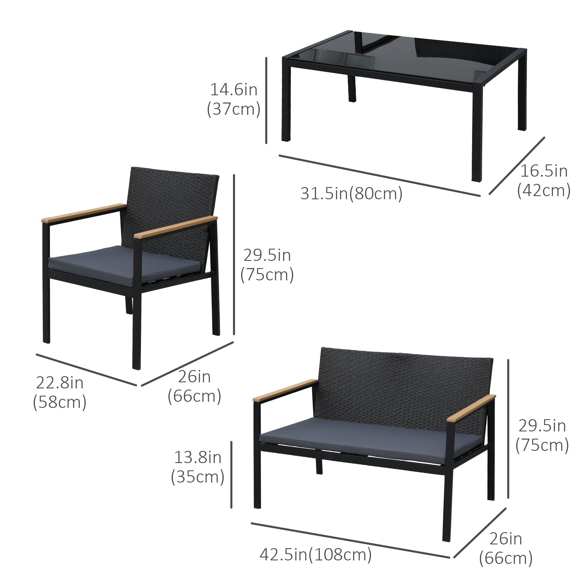 Outsunny 4 Pieces Wicker Patio Furniture Set with Cushions, Outdoor Rattan PE Rattan Conversation Set, Chairs and Loveseat with PS Board Armrests Decoration, Glass Top Table, Black