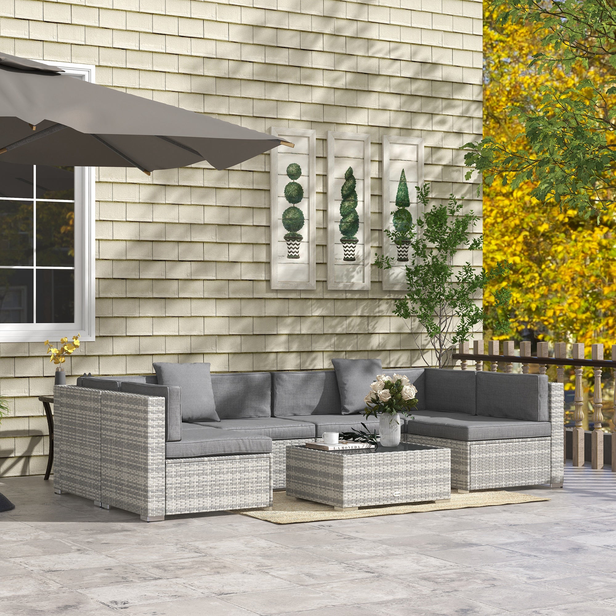 Outsunny 7pc Garden Wicker Sectional Set w/ Tea Table Patio Rattan Lounge Sofa Outdoor Deck Furniture Grey