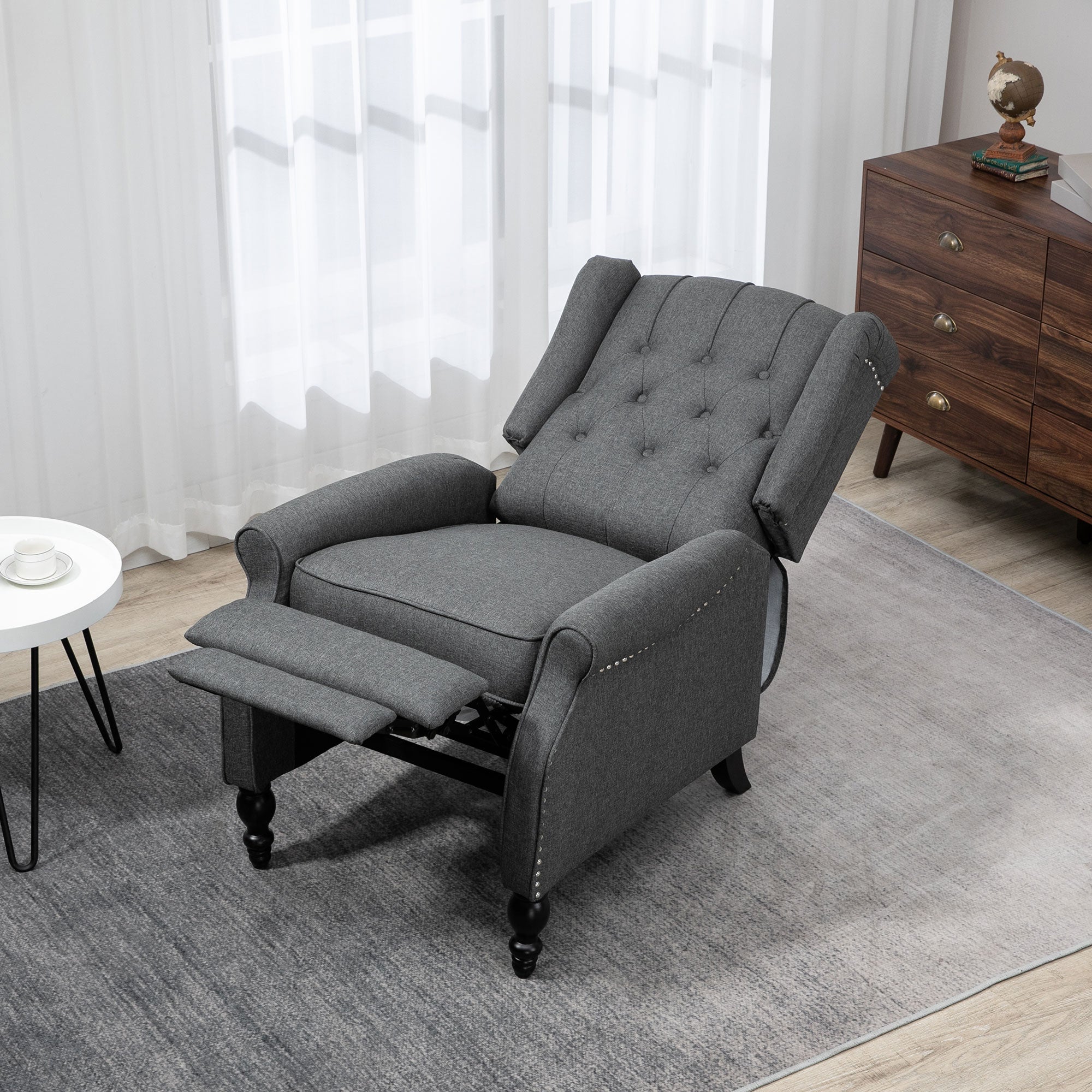 HOMCOM Wingback Reclining Chair with Footrest, Button Tufted Recliner Chair with Rolled Armrests for Living Room, Dark Grey