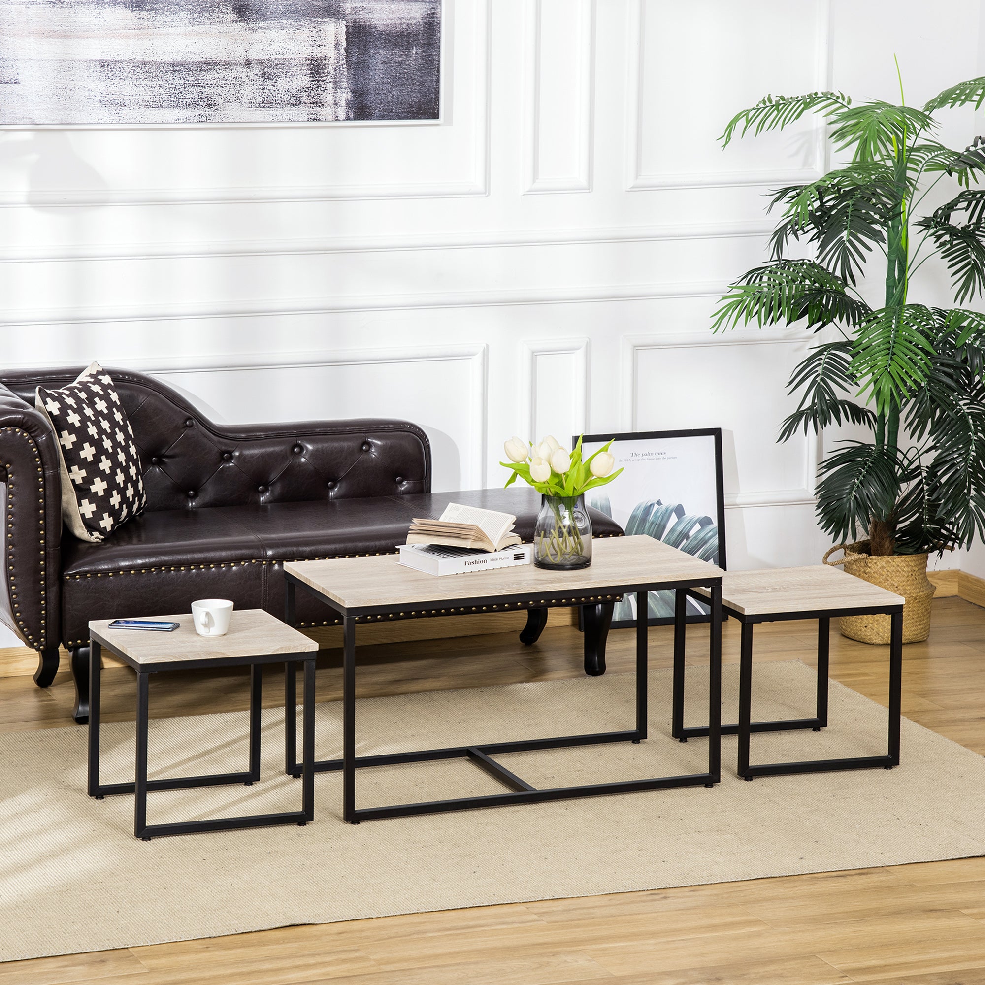 HOMCOM Nesting Coffee Table Set of 3, Modern End Tables with Black Metal Frame for Living Room Home Furniture, Natural