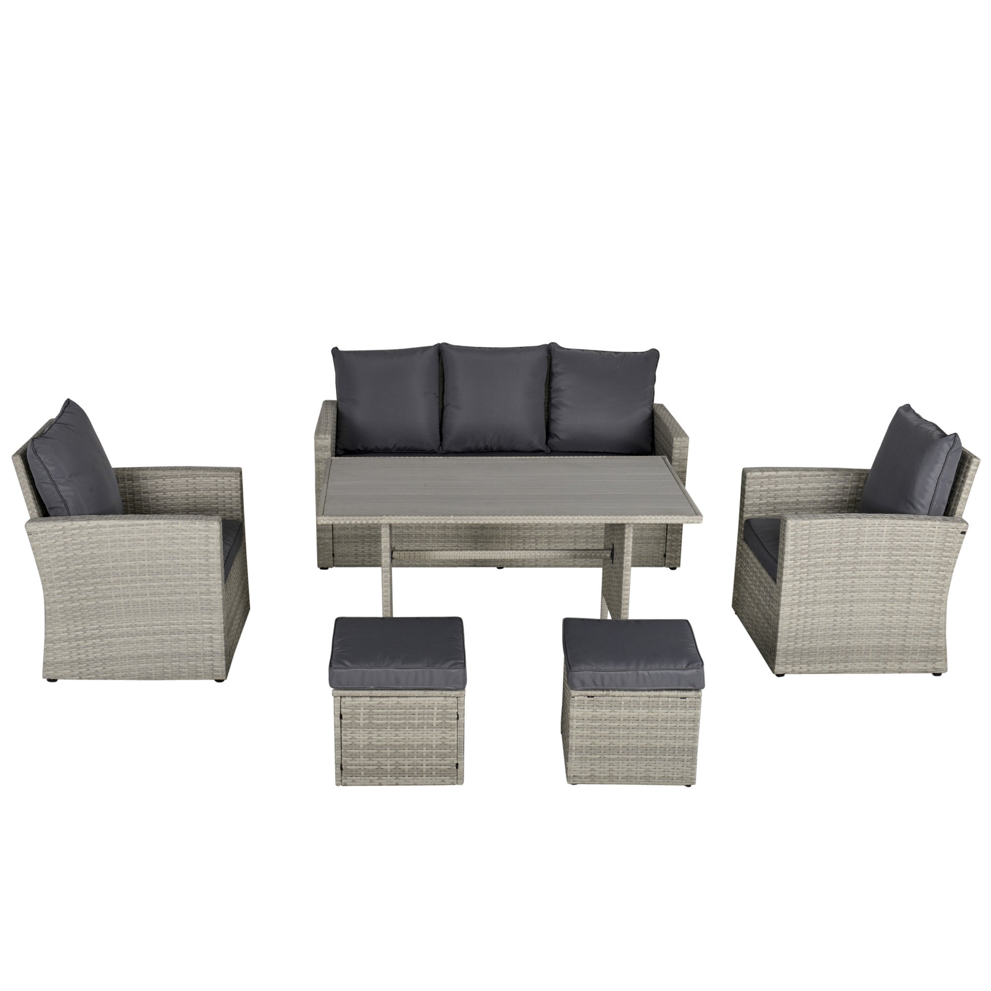 Outsunny 6 PCS Rattan Outdoor Dining Set Patio Dining Table and Chair Set with Plastic Wood Top Dining Table, Cushions, Grey