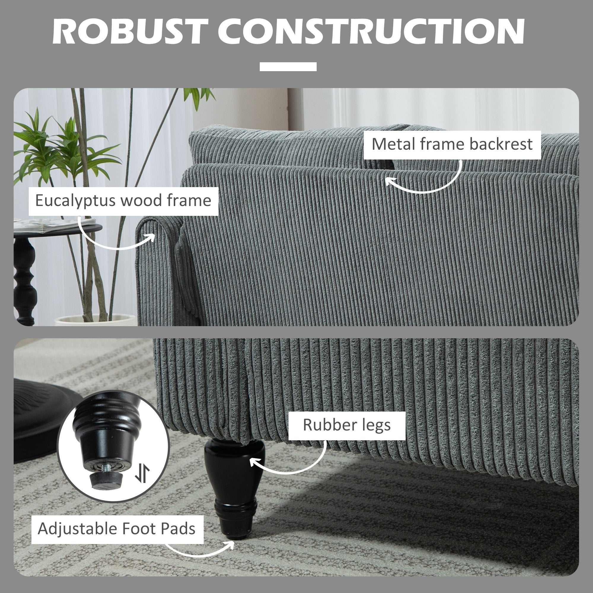 HOMCOM Vintage Loveseat, Upholstered Love Seat Furniture, Fabric 2 Seater Sofa with Rolled Arms, Rubber Wood Legs, Grey