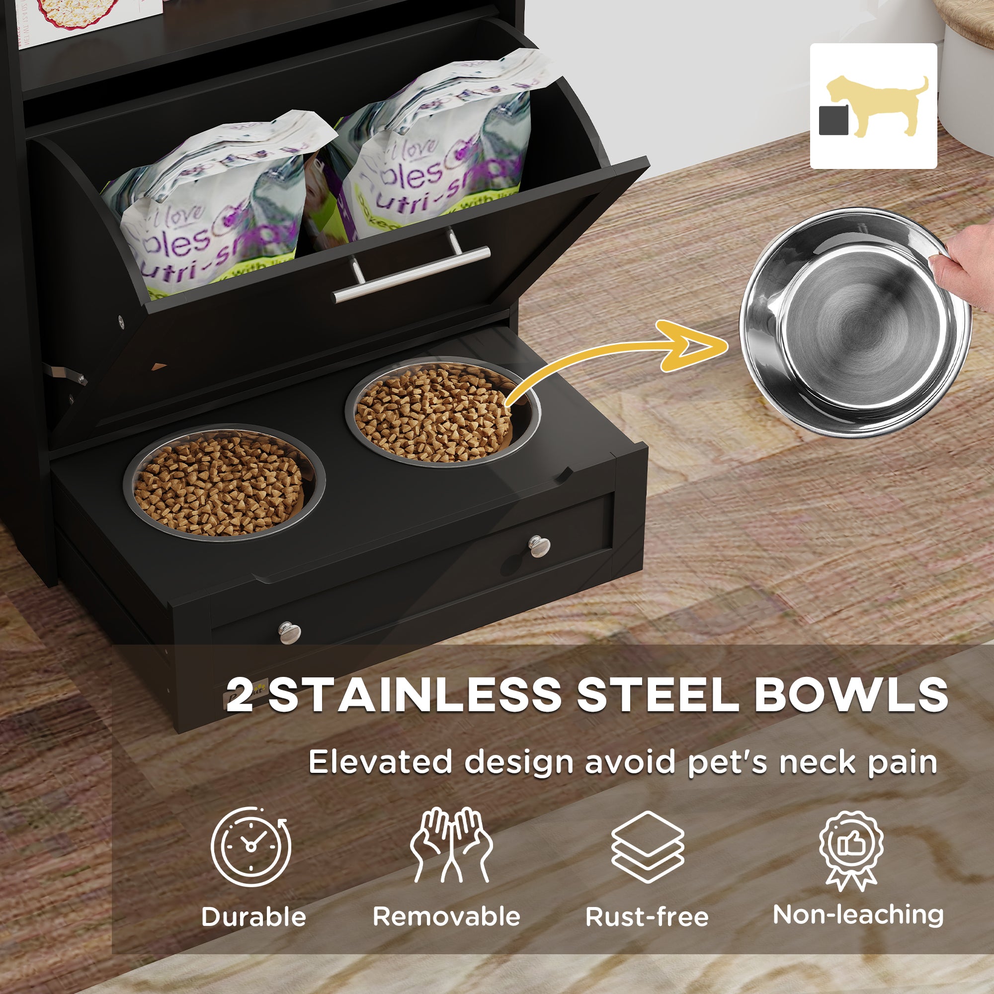 PawHut Pet Feeder Station Storage Cabinet, Dog Food Storage Container with Dog Raised Bowls, Watering Supplies, Black