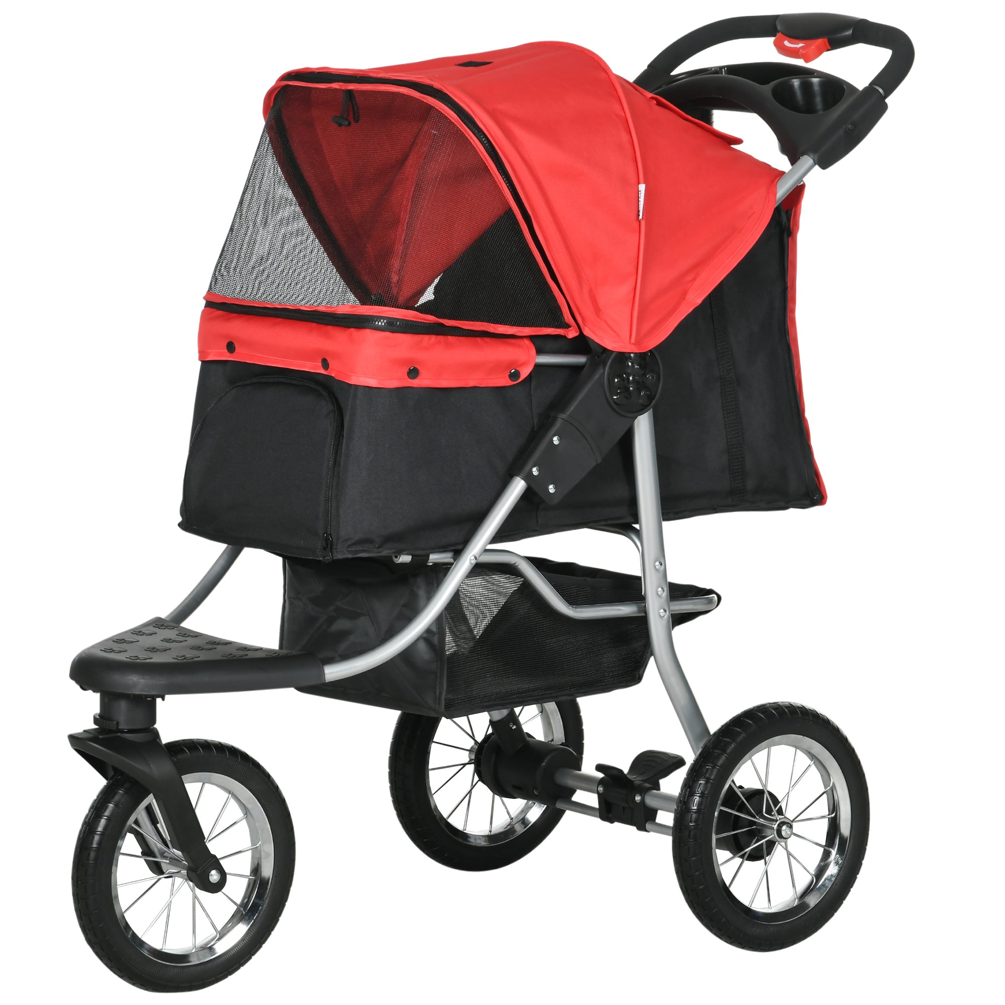 PawHut Luxury Pet Stroller Lightweight Dog Cat Travel Carriage with 3-Rubber Wheels, One-click Folding Design, Adjustable Canopy, Zippered Mesh Window Door, Red