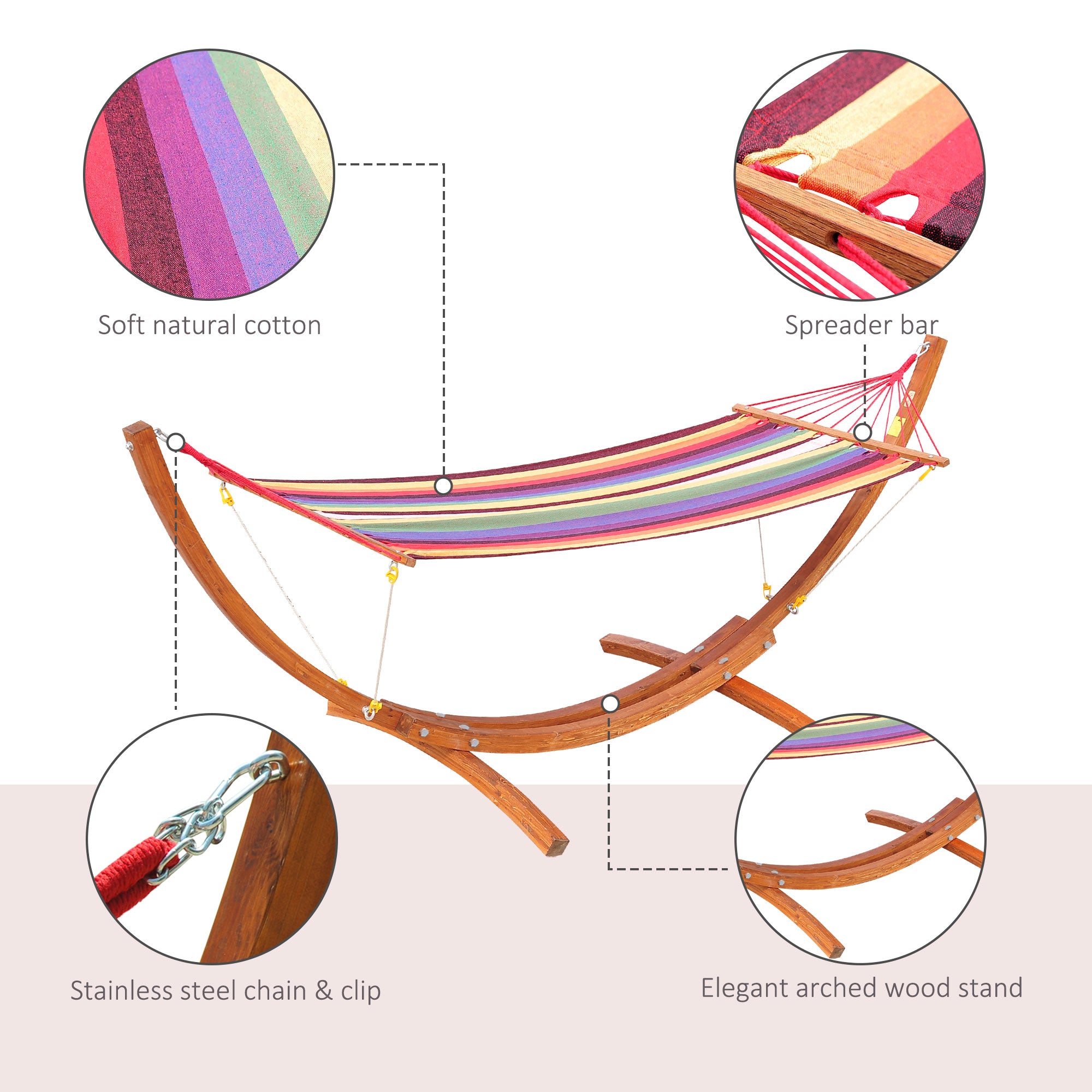 Outsunny 10' Outdoor Swing Hammock, Hammock with Wood Stand Rainbow Bed, Heavy Duty Roman Arc Hammock for Patio, Backyard, Balcony, Porch, Multi Color