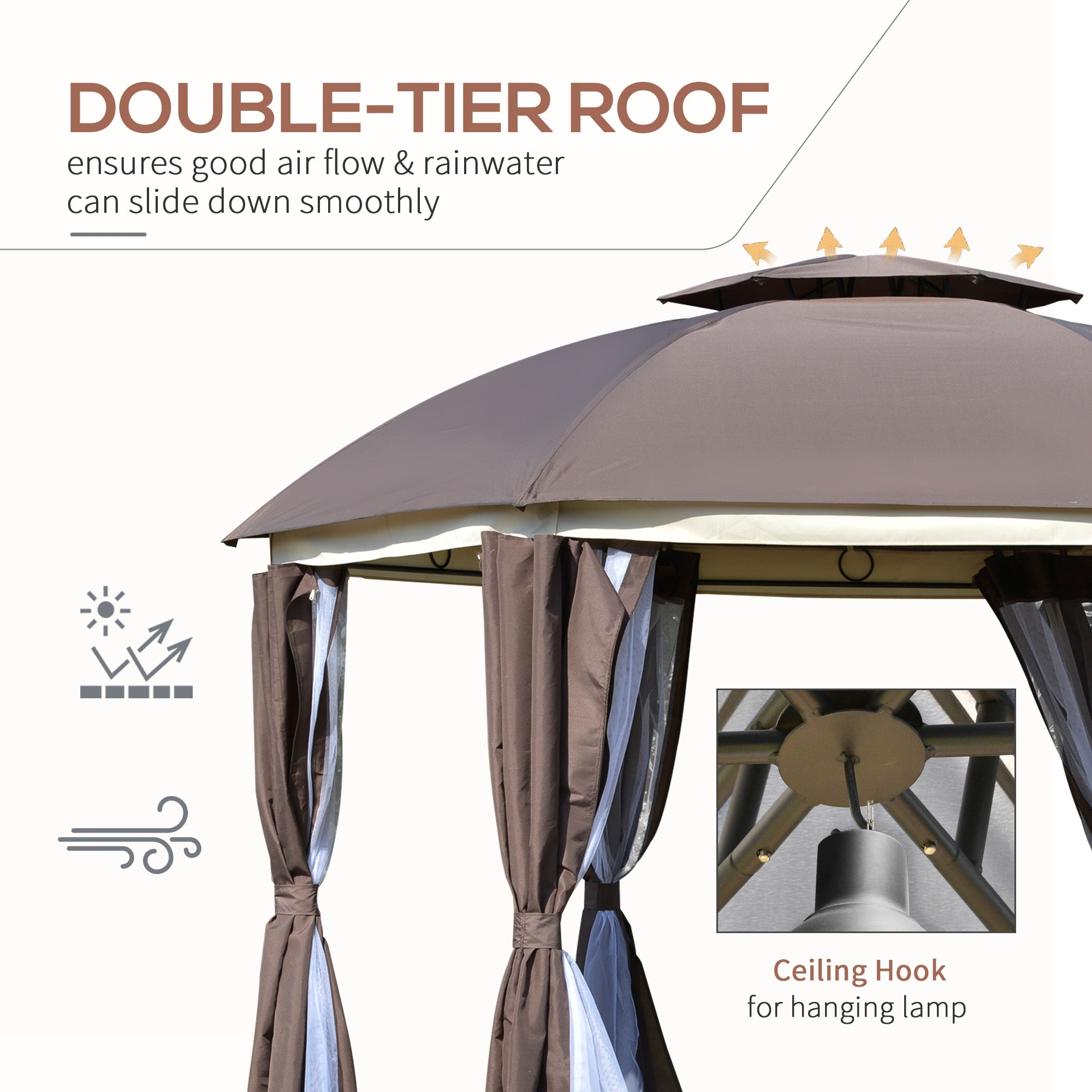 Outsunny 12' x 12' Outdoor Gazebo Canopy, Dome Patio Gazebo Netting Sidewalls and Curtains, Double Vented Roof, Brown