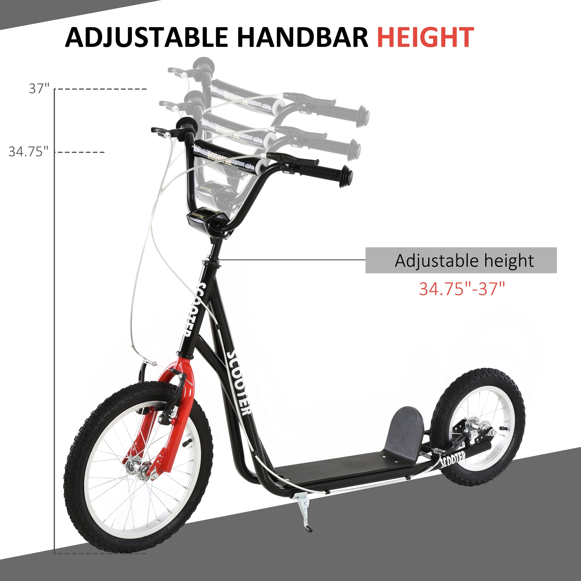 Aosom Youth Kick Scooter with Adjustable Handlebar and 16'' Inflatable Rubber Wheel for Kids and Teens 5+ Year Old, Black