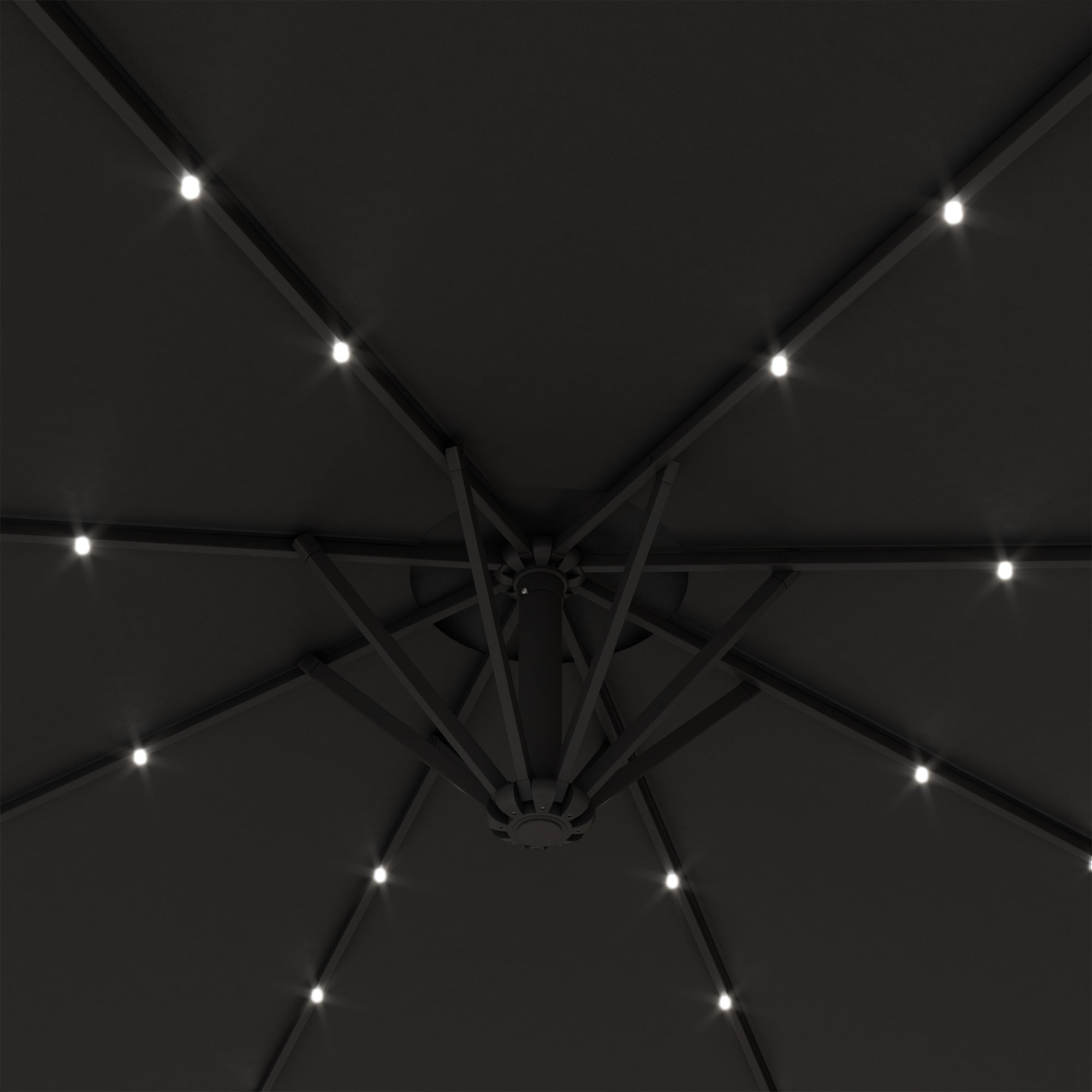 Outsunny 9.5' Offset Patio Umbrella Garden Parasol with Solar LED Lights and Weights, Dark Grey