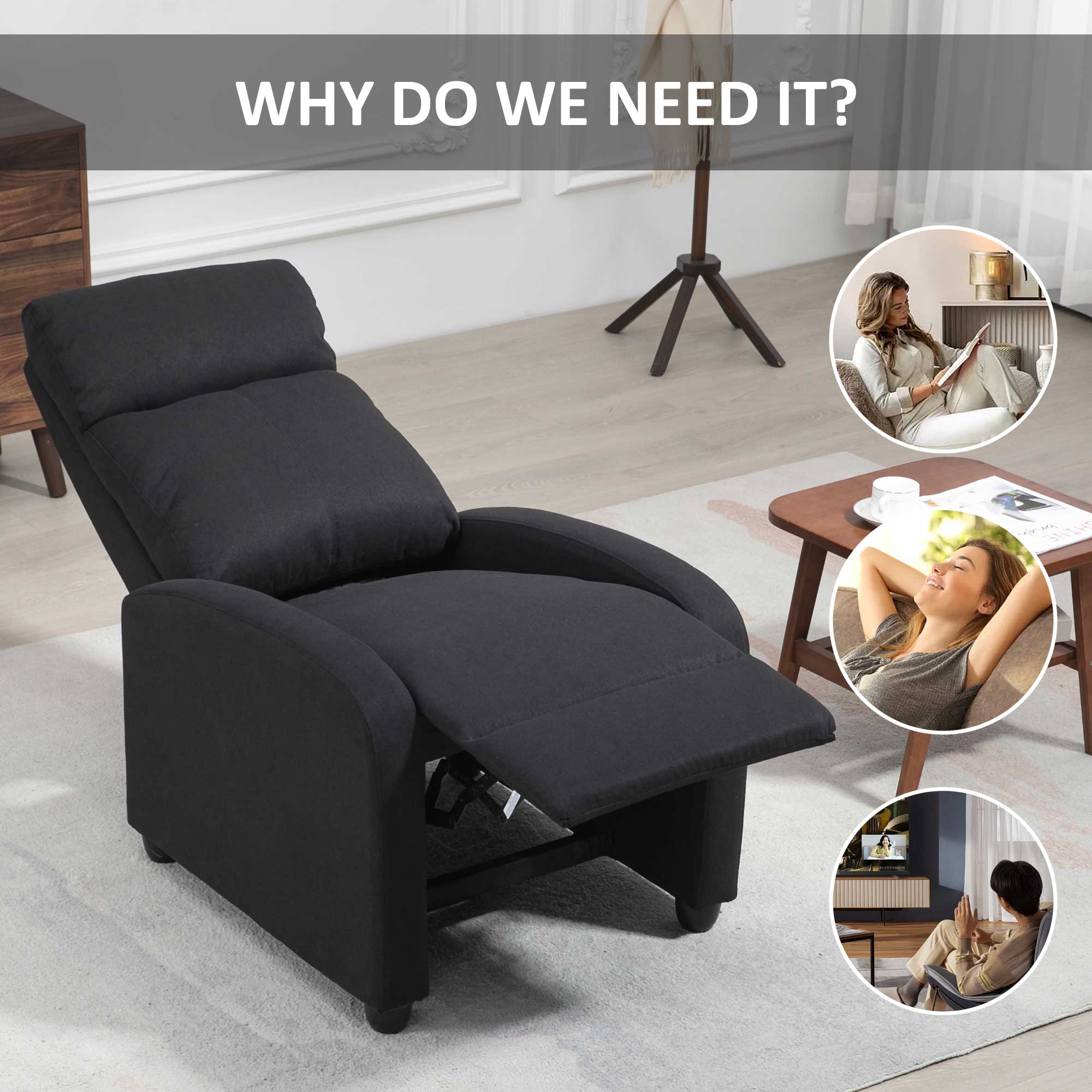 HOMCOM Fabric Recliner Chair, Manual Home Theater Seating, Single Reclining Sofa Chair with Padded Seat for Living Room, Black