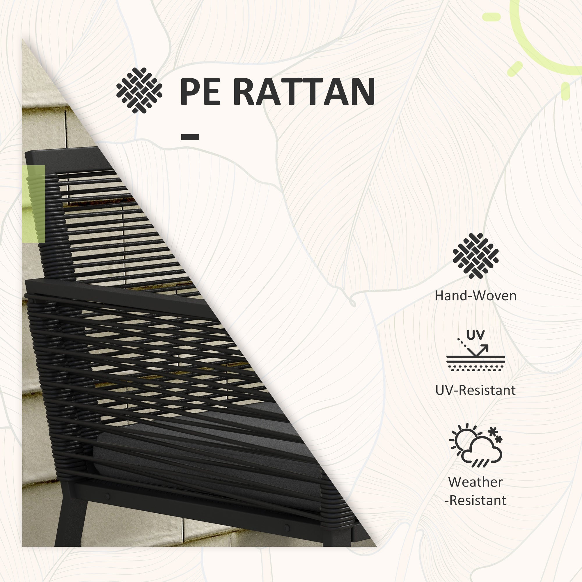 Outsunny 3 Pieces Patio Furniture Outdoor PE Rattan Bistro Set w/ Seat Cushions Tempered Glass Table for Garden Backyard, Black
