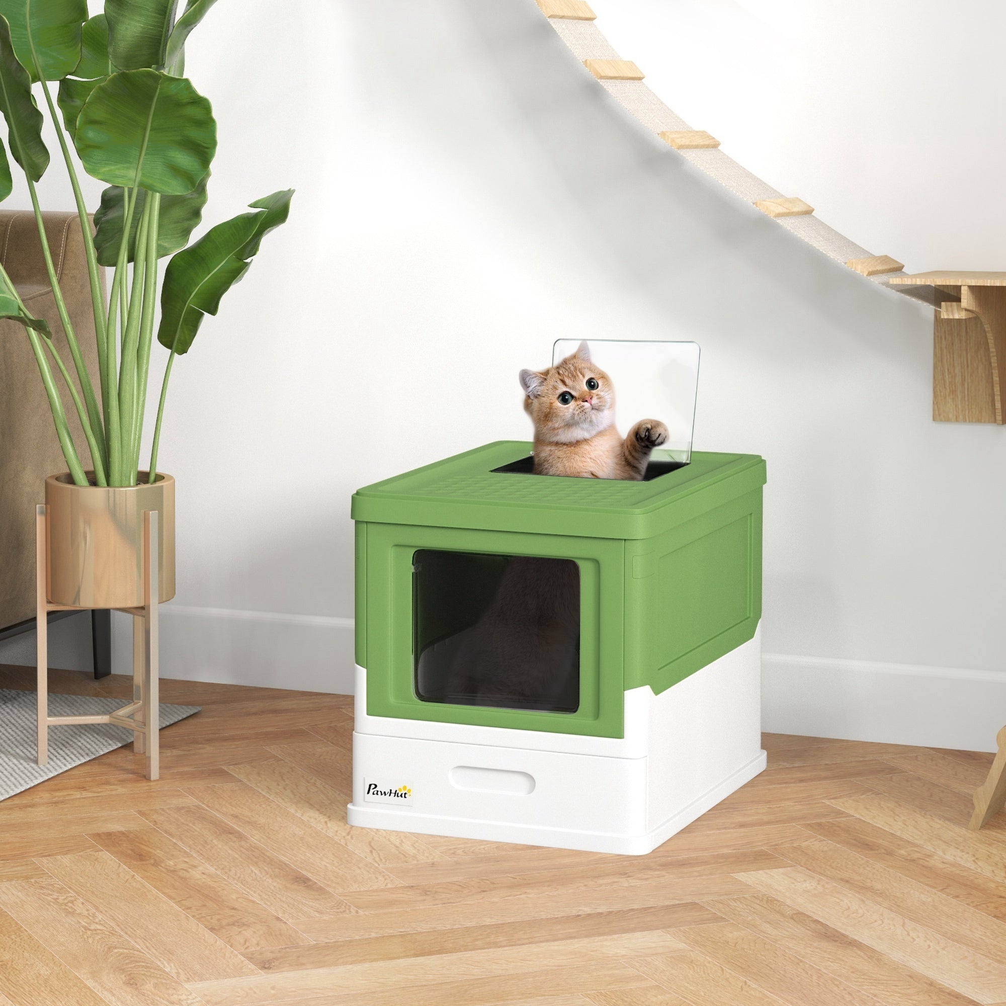 PawHut Top Entry Enclosed Kitty Litter Box with Scoop, Tray, Front Entry, Large Space, Foldable, Portable, Dark Green