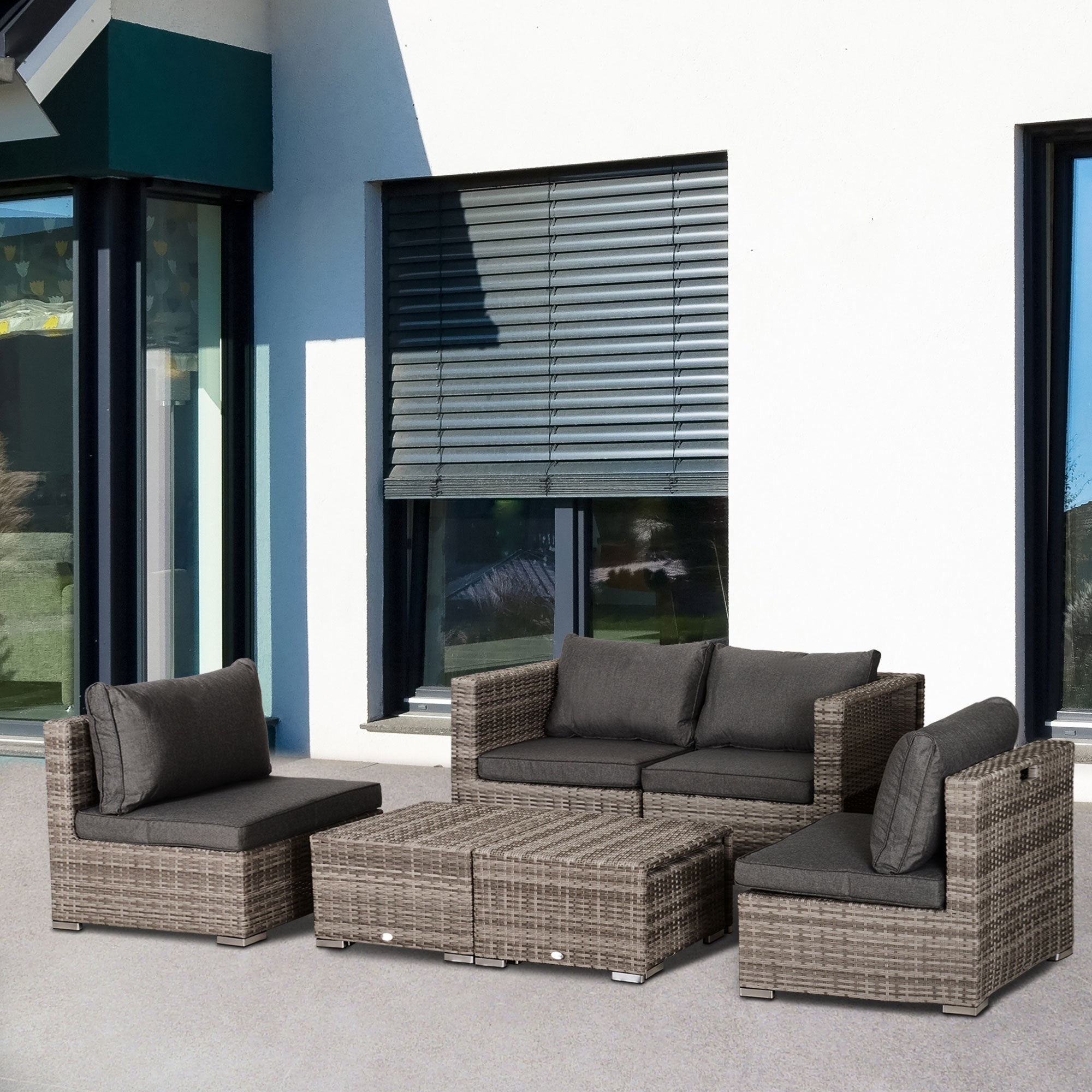 Outsunny 8 Pieces Patio Furniture Set, Outdoor Wicker Rattan Sofa Set Yard Conversation Seat Tea Table and Footstool Garden Patio Furniture w/ 2 Set Cushion Cover Grey & Orange