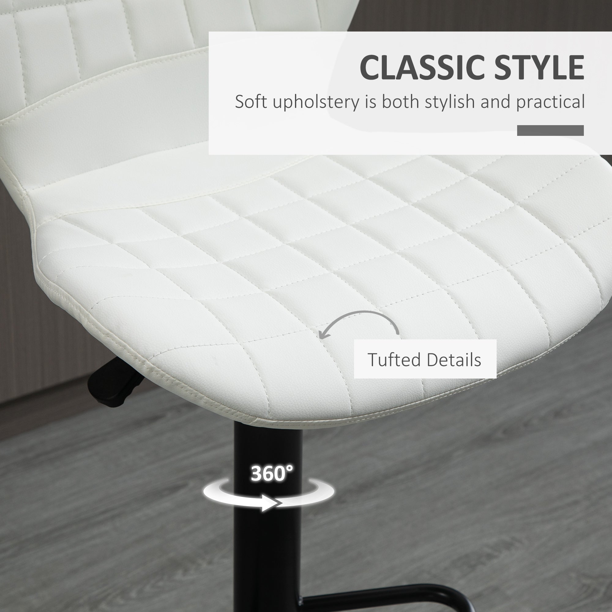 HOMCOM Bar Stools Set of 2 Adjustable Height Swivel Bar Chairs in PU Leather with Backrest & Footrest, White