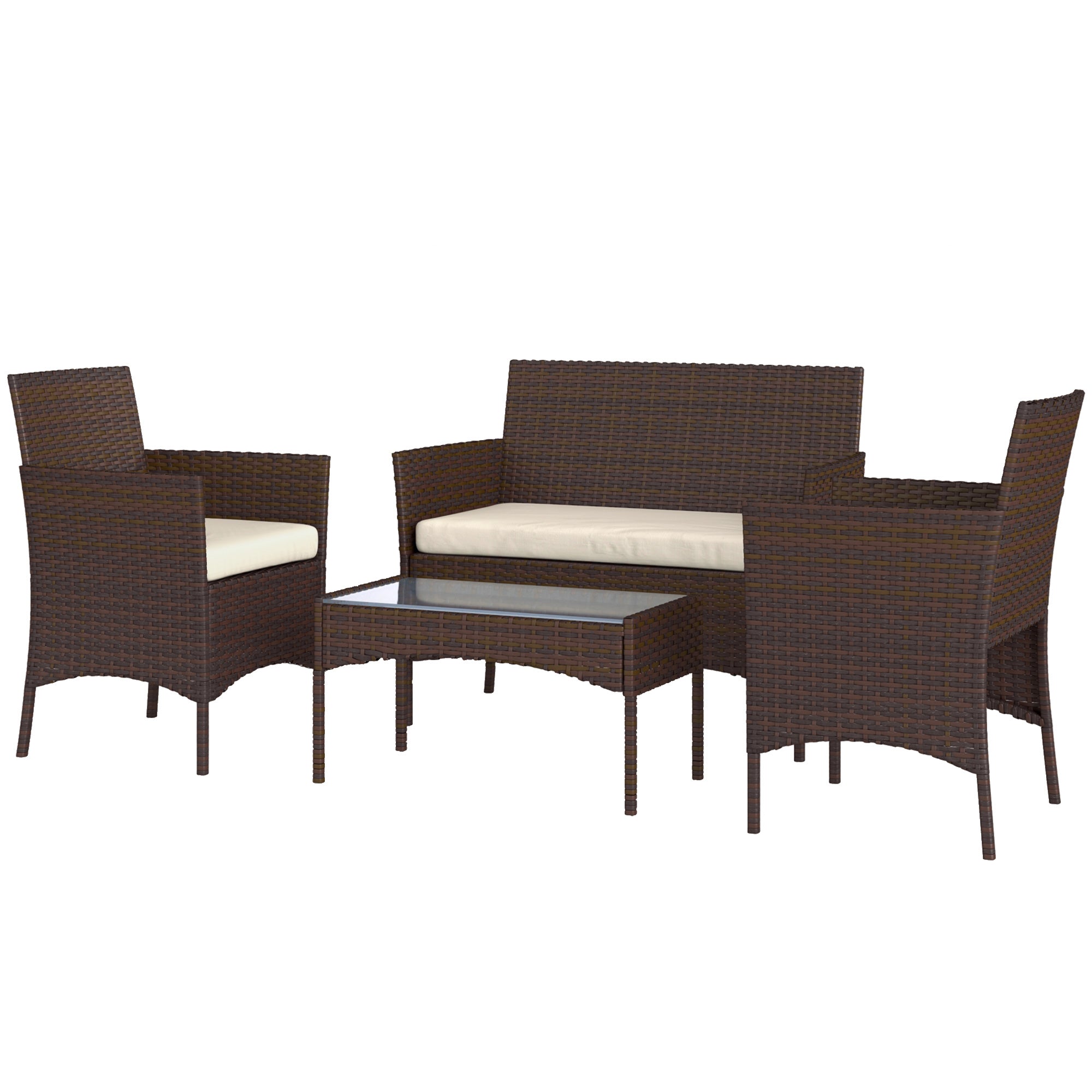 Outsunny 4 Pieces Wicker Outdoor Balcony Furniture Set Rattan Patio Furniture Set with Loveseat Chairs Glass Coffee Table Beige