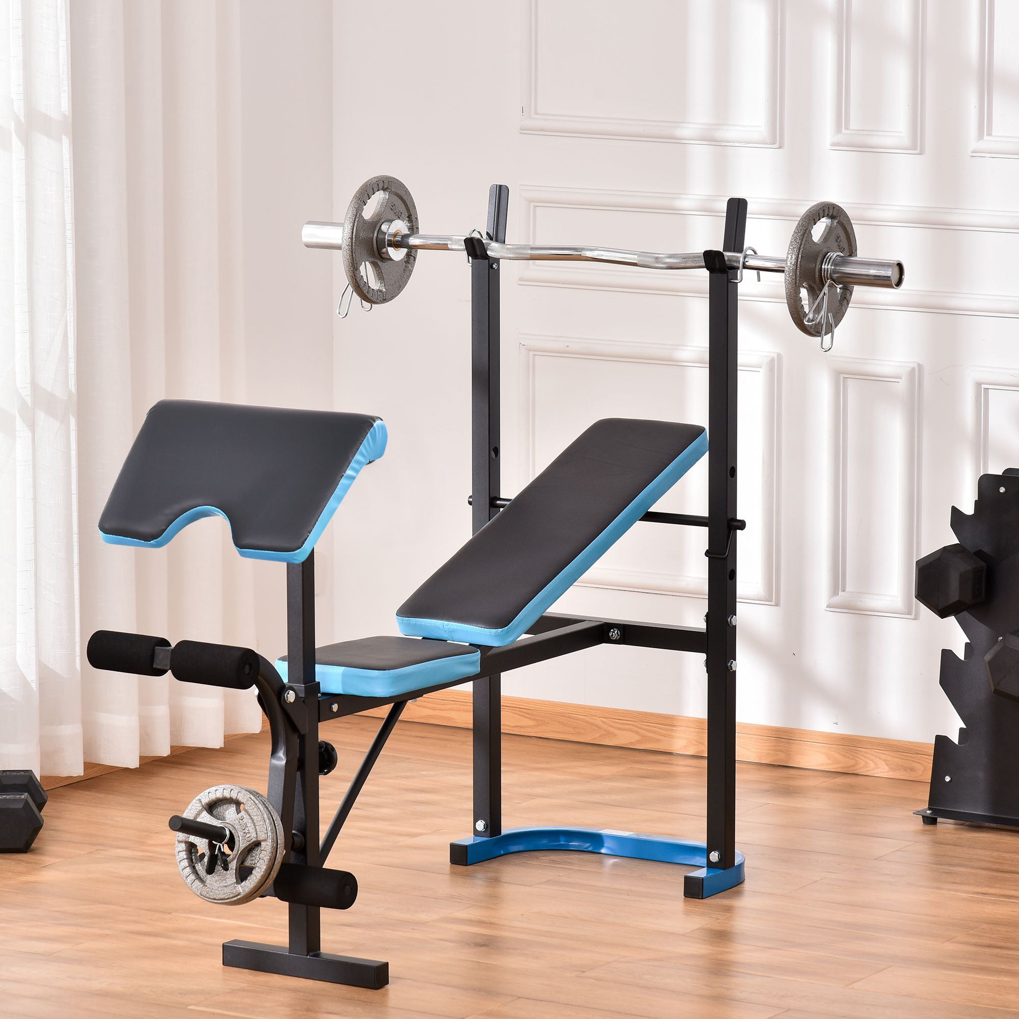 Soozier Adjustable Weight Bench with Barbell Rack and Leg Developer for Weight Lifting and Strength Training Multifunctional Workout Station for Home Gym Fitness, Black