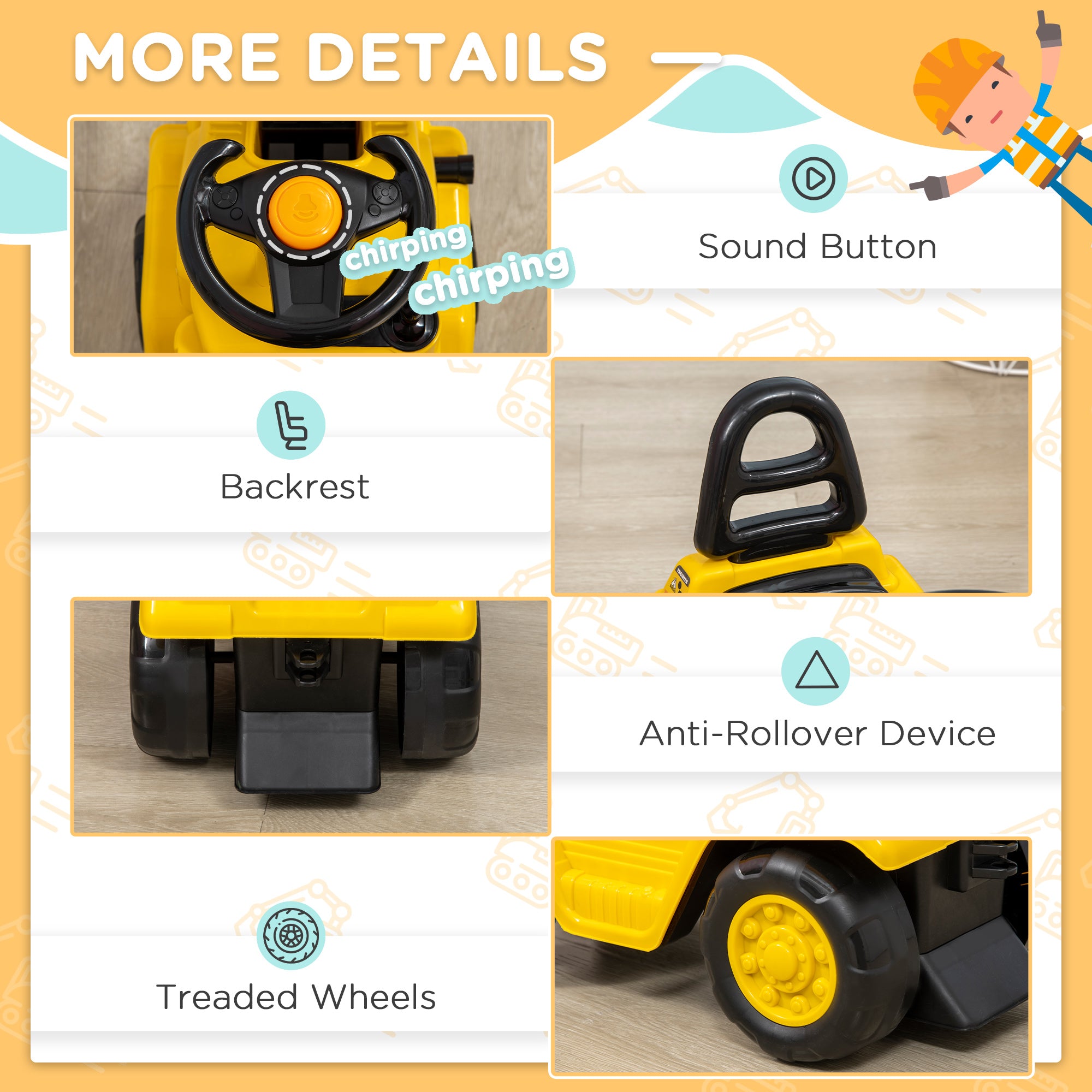 Aosom Ride On Forklift Toy No Power Construction Truck with Fork Tray Storage, for 3-4 Years Old, 33.9"x10.8"x 18.7", Yellow