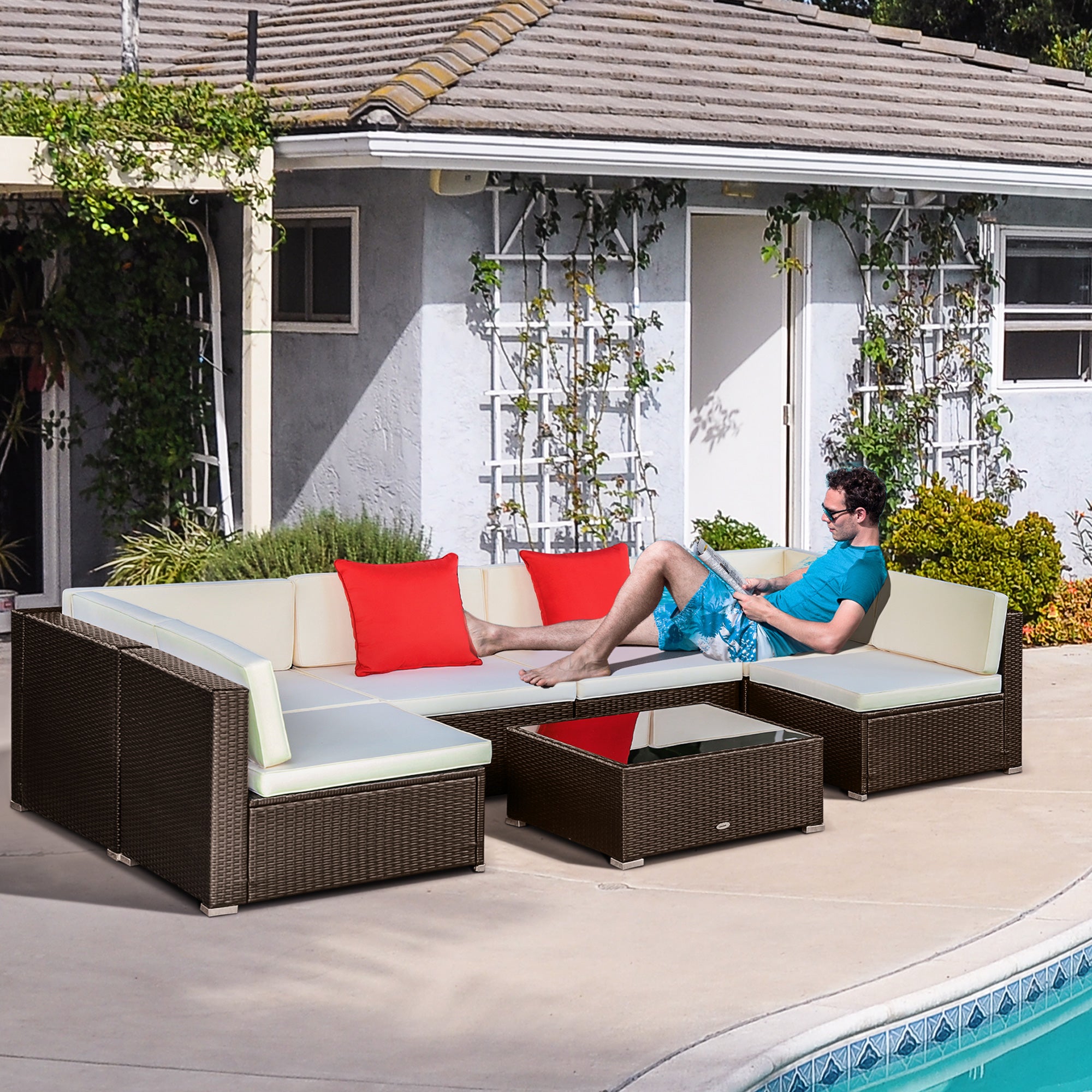 Outsunny 7 Pieces Patio Furniture Set, Rattan Outdoor Conversation Set, Garden Wicker Sofa Set, Ivory
