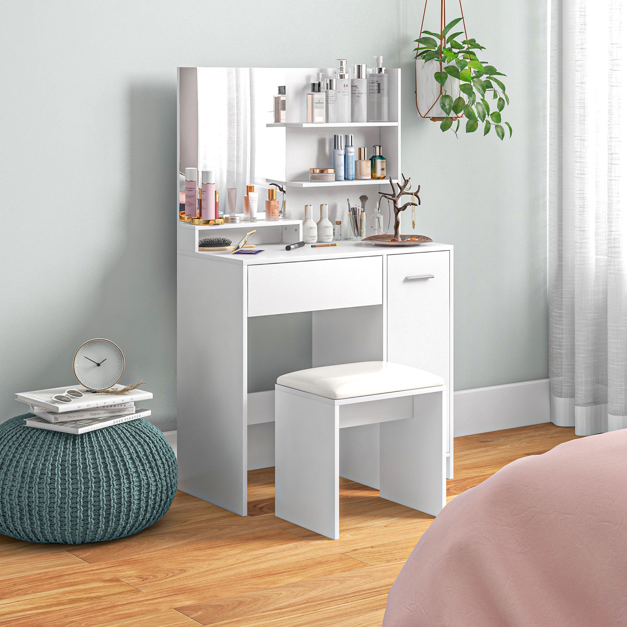 HOMCOM Vanity Set with Mirror and Stool, Makeup Vanity Table with Storage Drawer, Cabinet, Adjustable Shelf for Bedroom, White