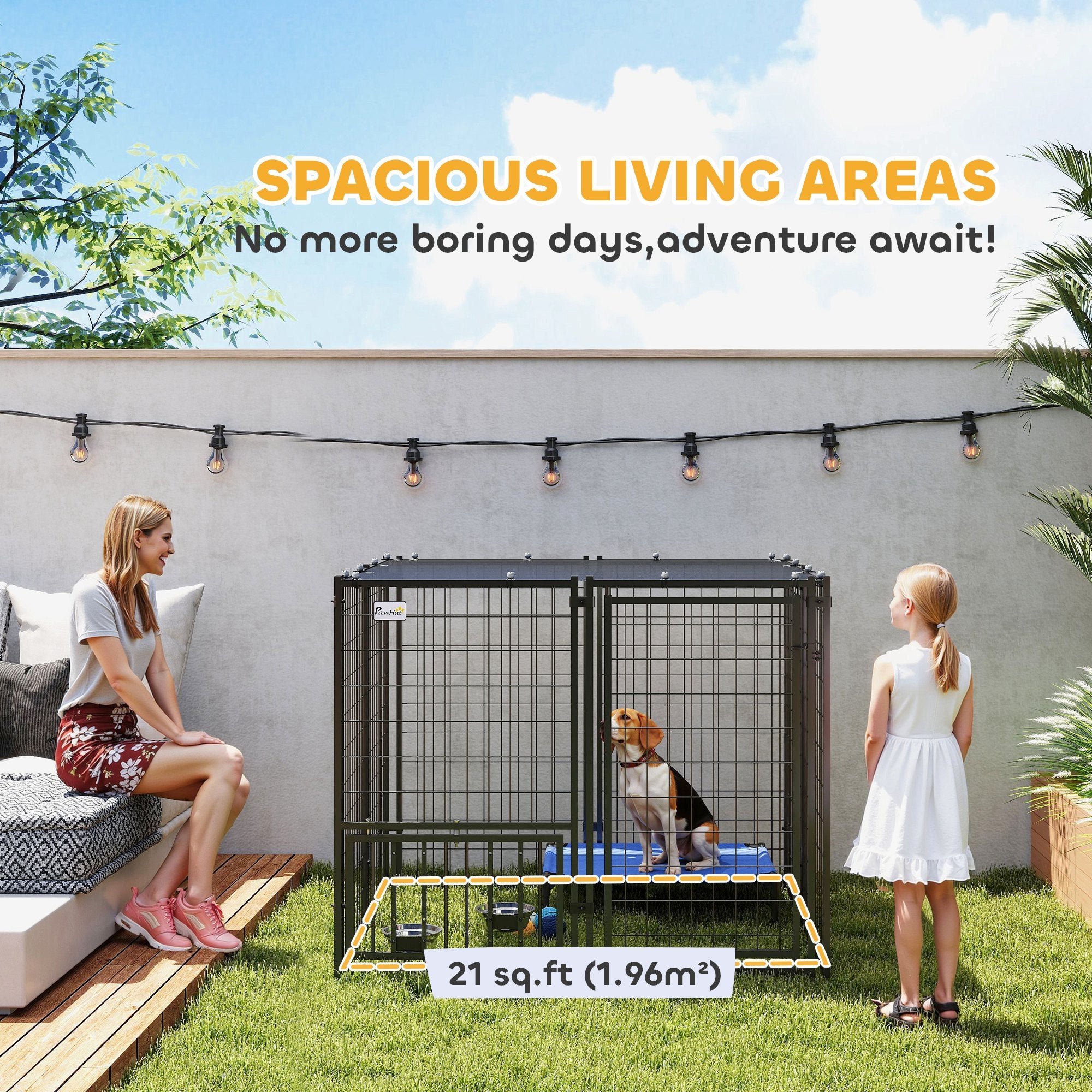 PawHut Outdoor Dog Run with Adjustable & Rotatable Dog Bowls, Sun-Shade Cover, for Small and Medium Dogs, 4.6' x 4.6' x 3.7'